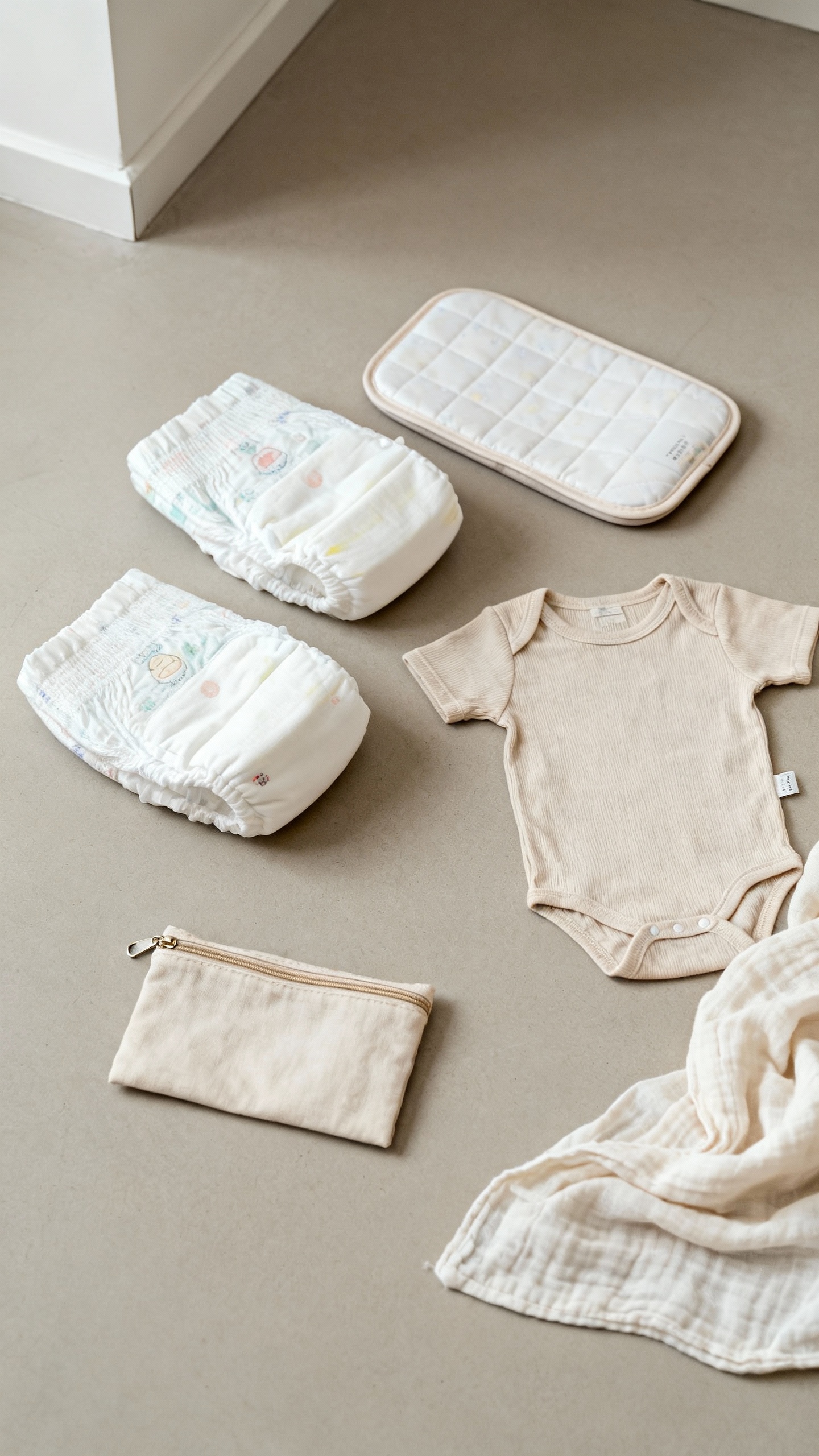 Minimal diaper bag contents on floor: three diapers, compact changing pad, extra onesie, lightweight