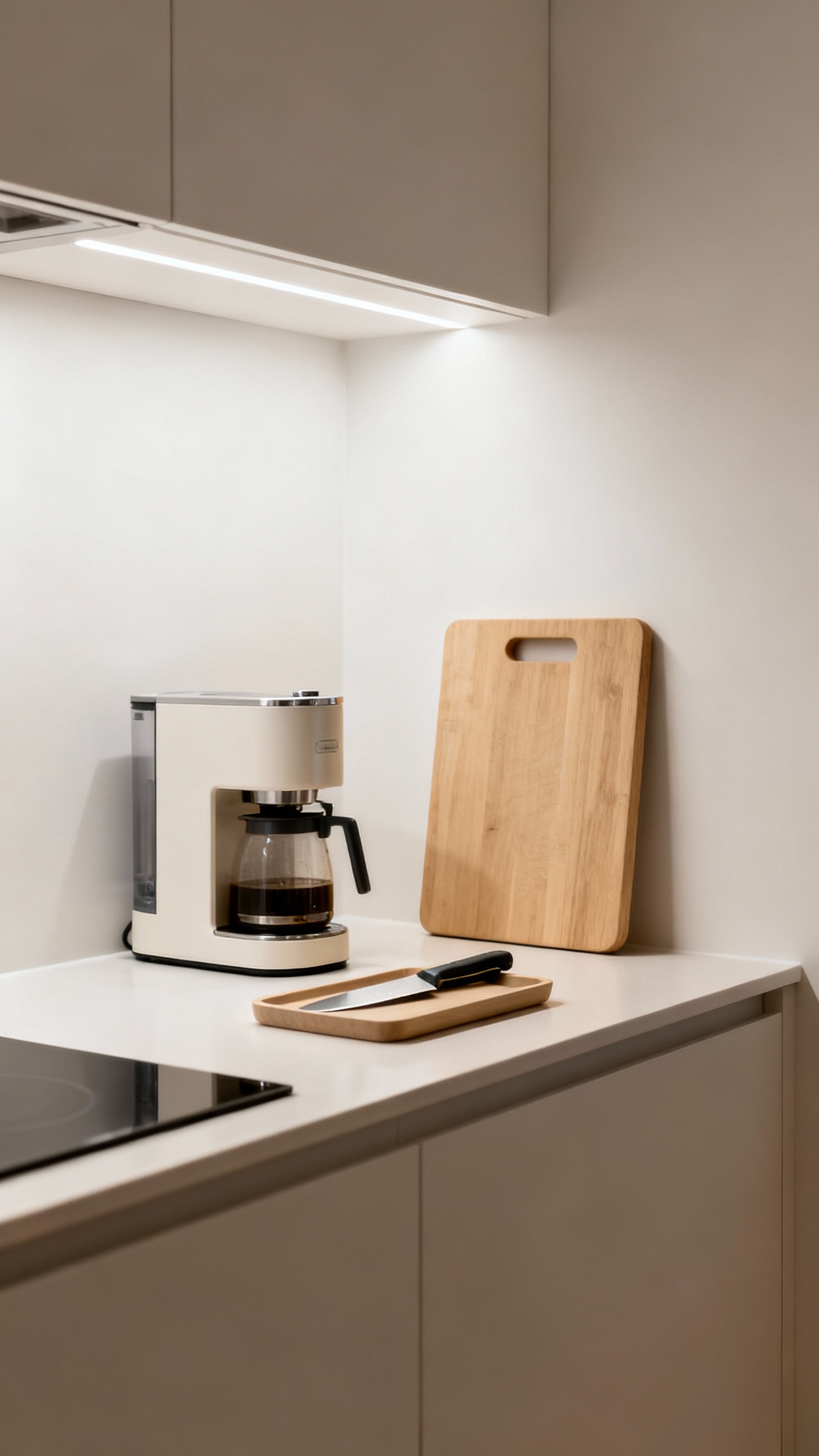 Minimalist kitchen counter with coffee maker, cutting board, knife on small tray
