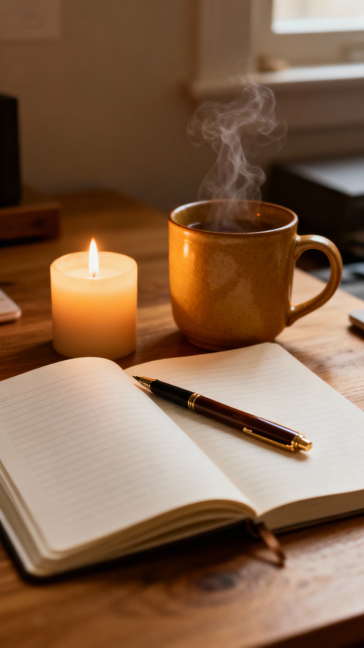 Morning ritual scene: candle flame beside notebook, pen resting, warm mug