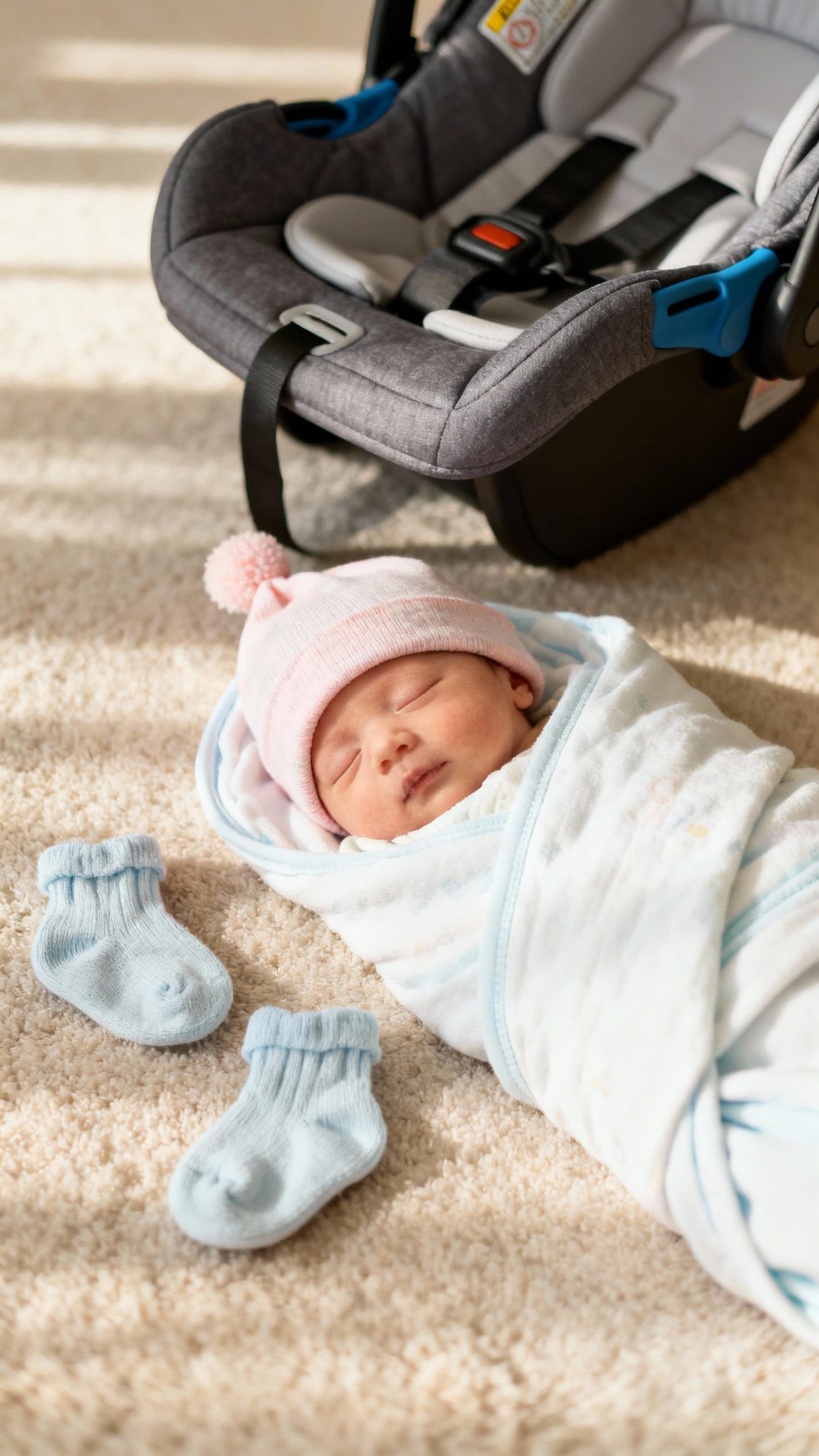 Newborn going-home outfit set: tiny hat, socks, swaddle, car seat nearby