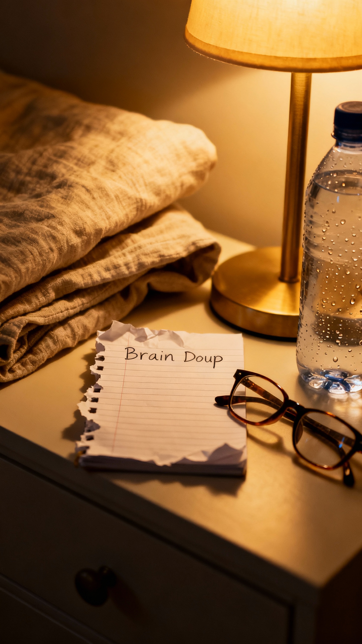 Nightstand scene: dim lamp, brain-dump notepad, glasses, water bottle, cozy linen