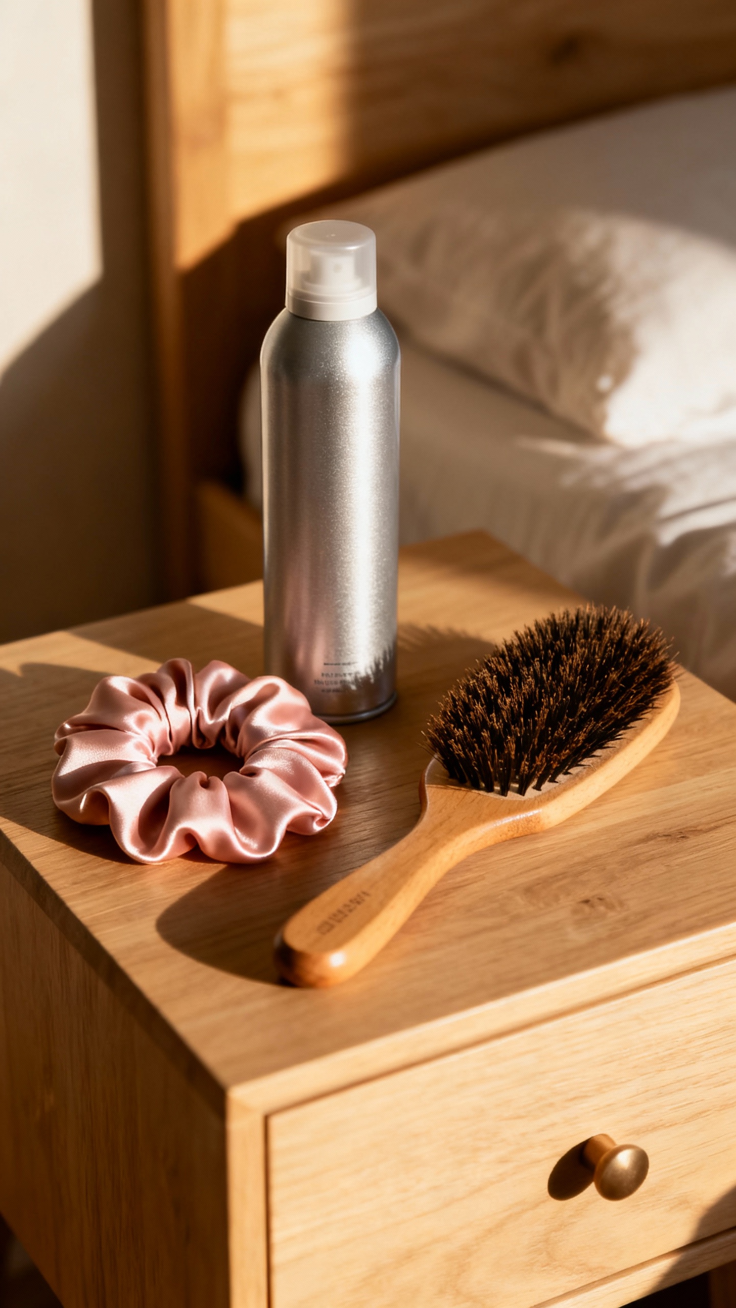Nightstand scene: dry shampoo can, silk scrunchie, boar bristle brush closeup