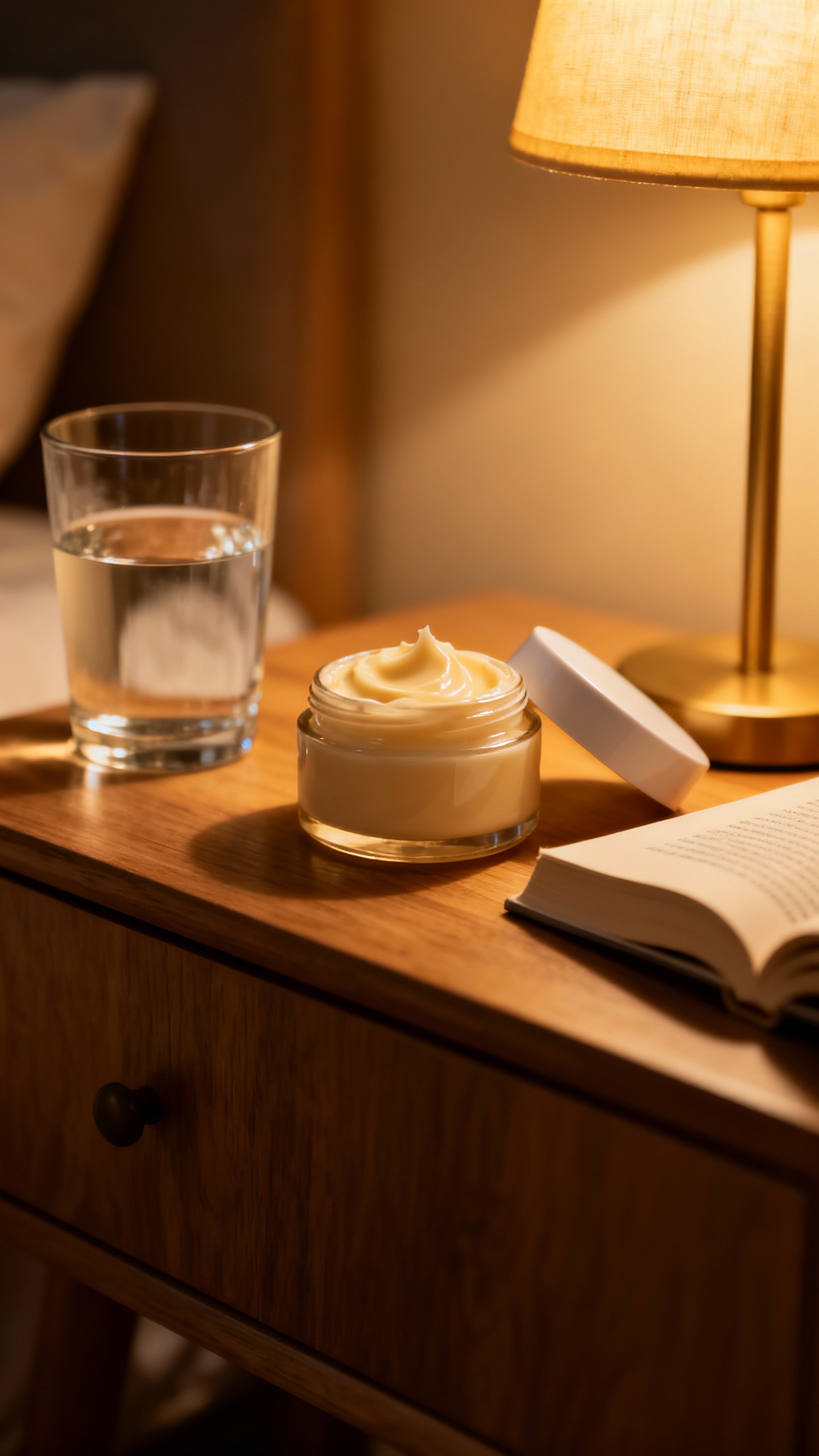 Nightstand scene with open jar of rich moisturizer, soft lamplight, water glass, book