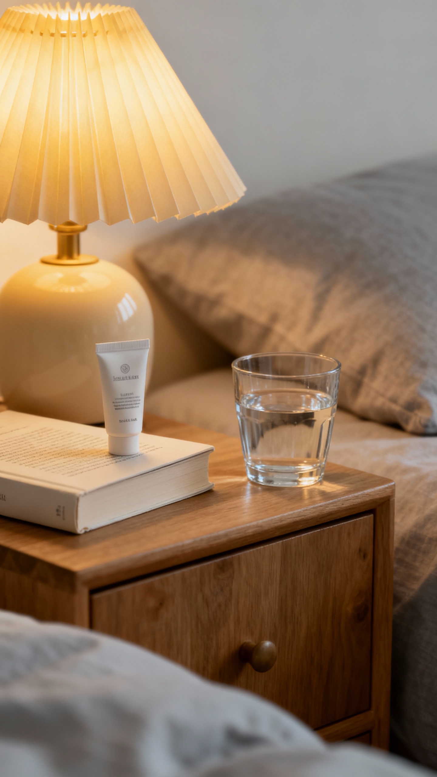 Nightstand vignette: lamp, single book, glass water, hand cream, neutral palette