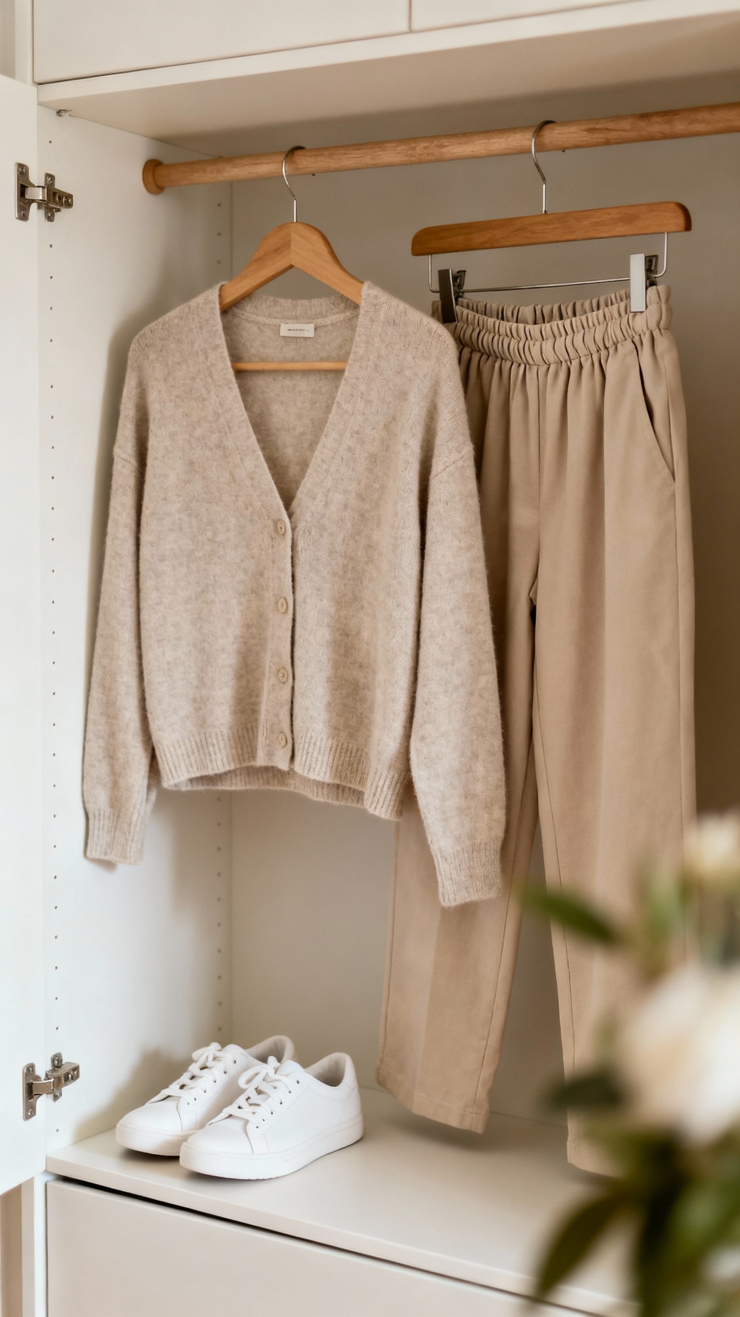 Open closet: neutral mini-capsule clothes, soft cardigan, elastic-waist pants, white sneakers, woode