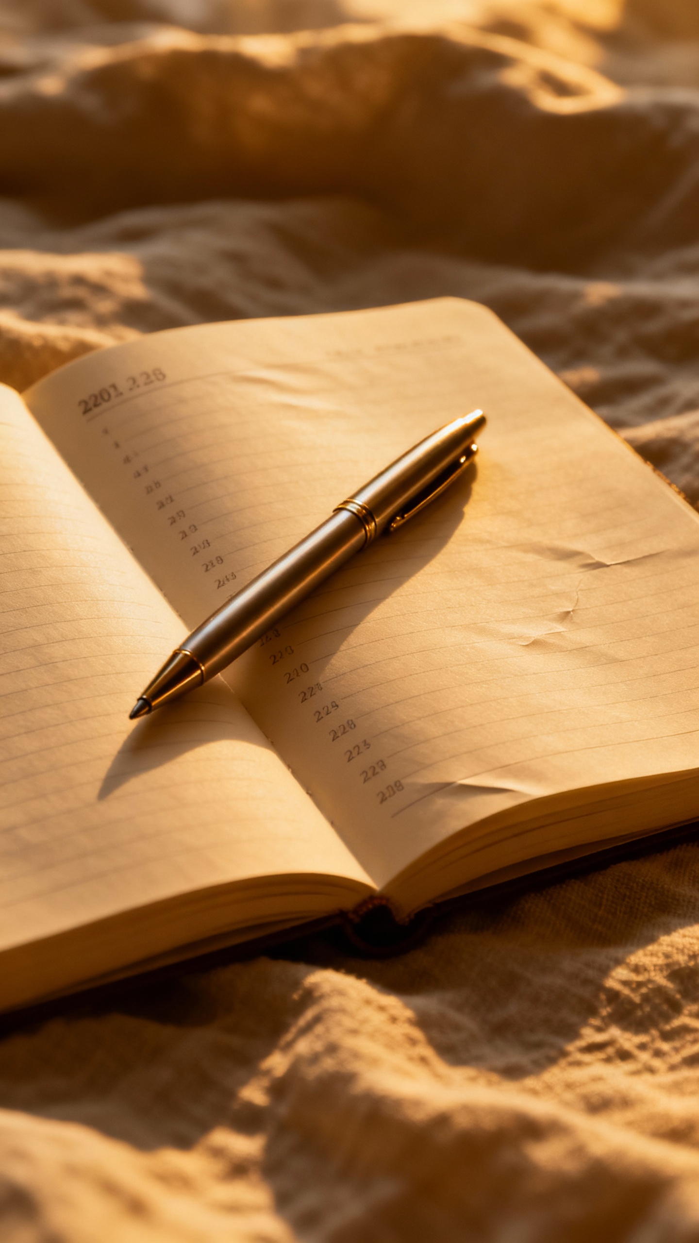 Open journal with dated page, pen resting, soft lamp light, linen sheets