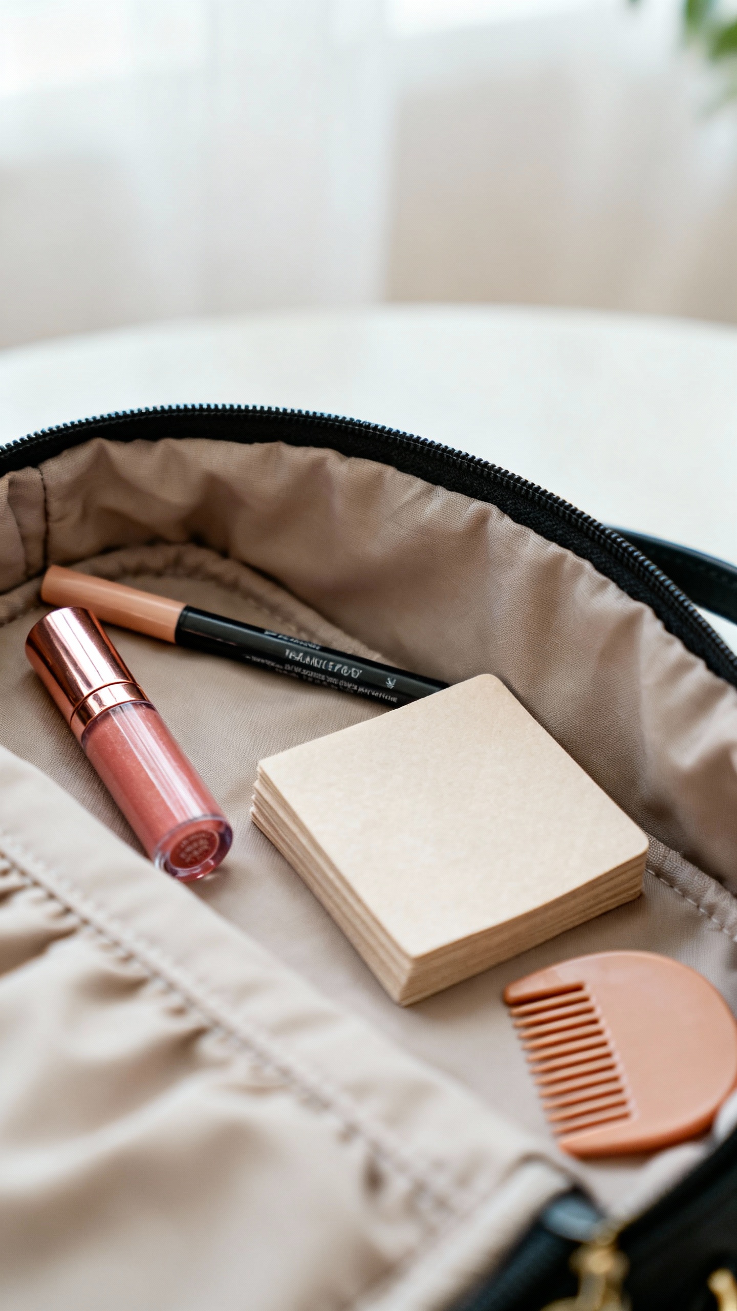 Open mom bag closeup: tinted lip balm, concealer pen, blotting papers, mini comb
