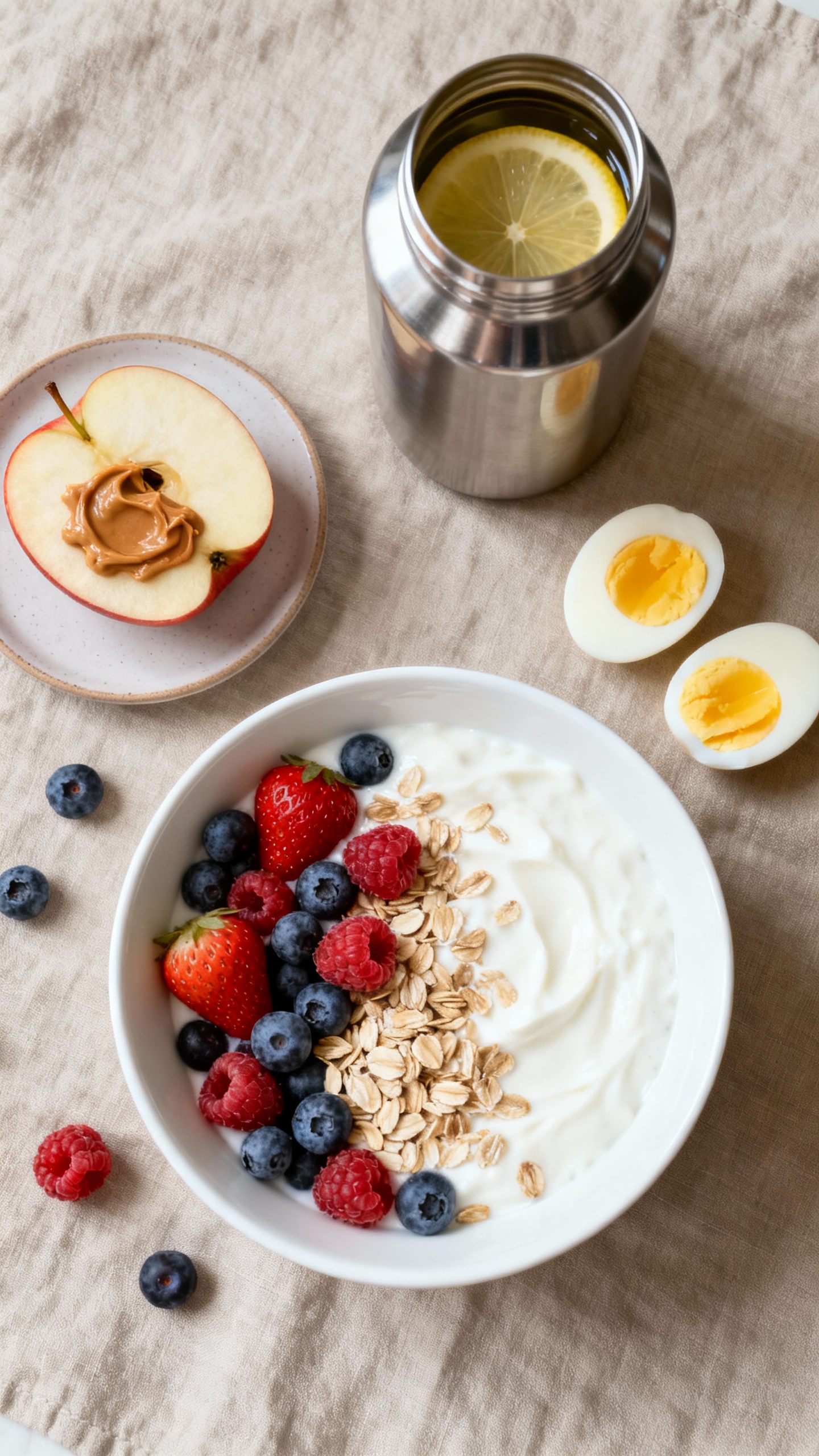 Overhead of breakfast: Greek yogurt, berries, oats, boiled eggs, apple with peanut butter, stainless