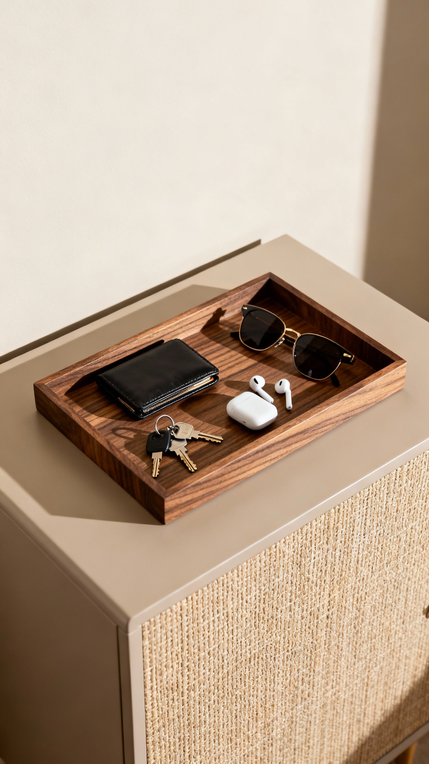 Overhead shot of entryway tray with keys, wallet, sunglasses, earbuds on textured console