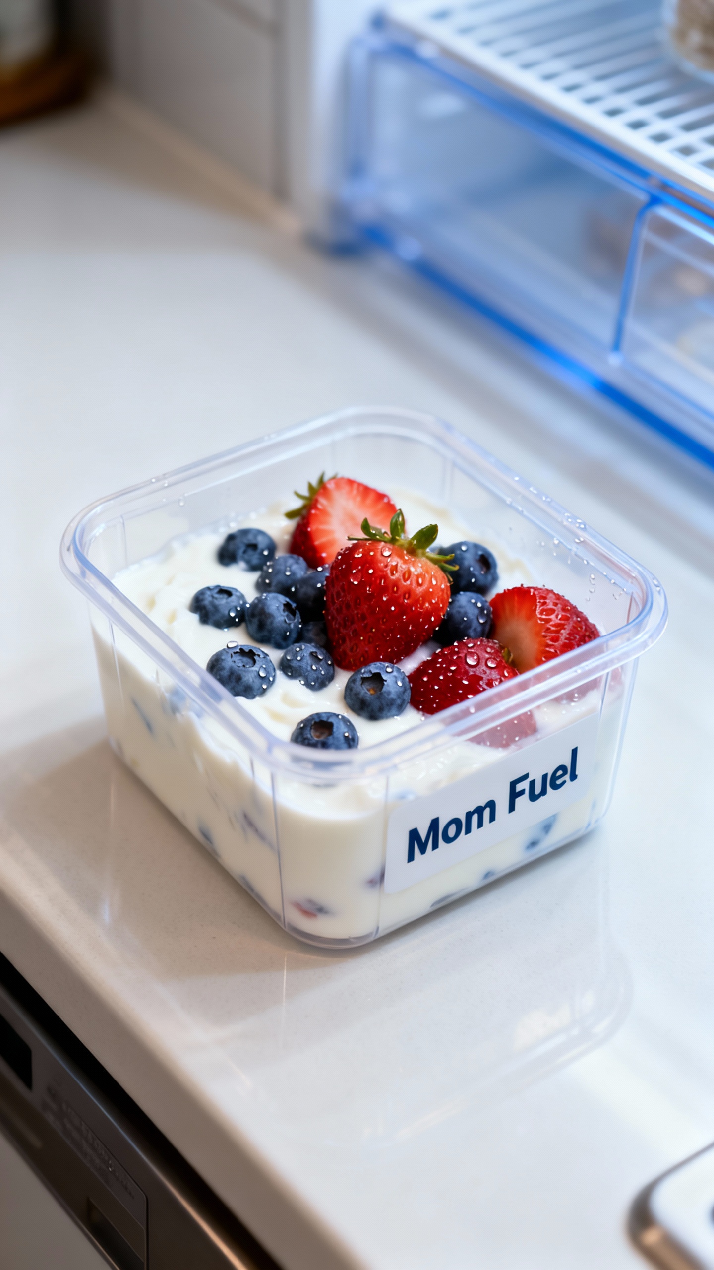 Overhead shot of “Mom Fuel” fridge bin: Greek yogurt, berries, labeled container