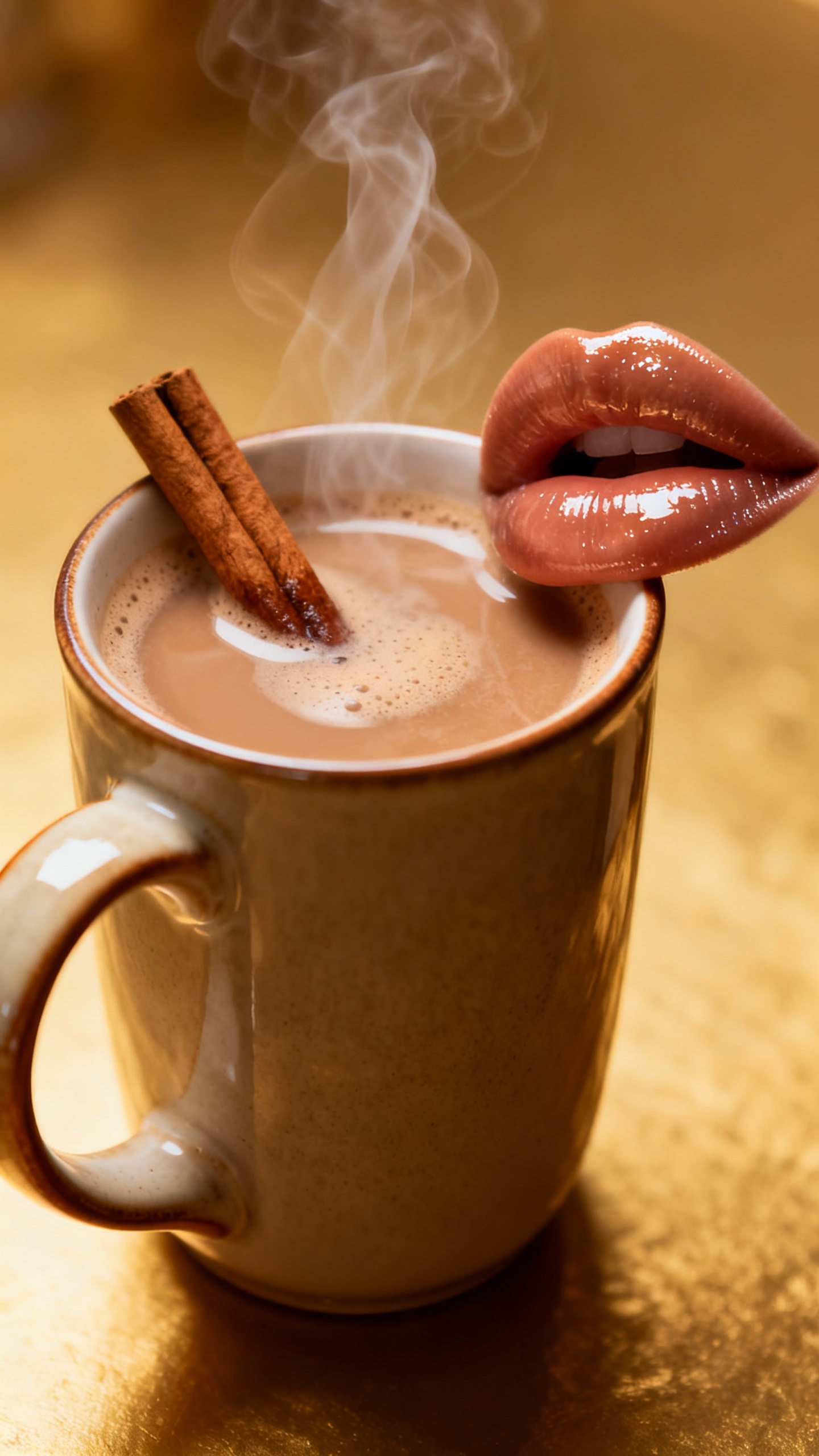 Overhead shot of pretty mug with cinnamon coffee, glossy lips nearby