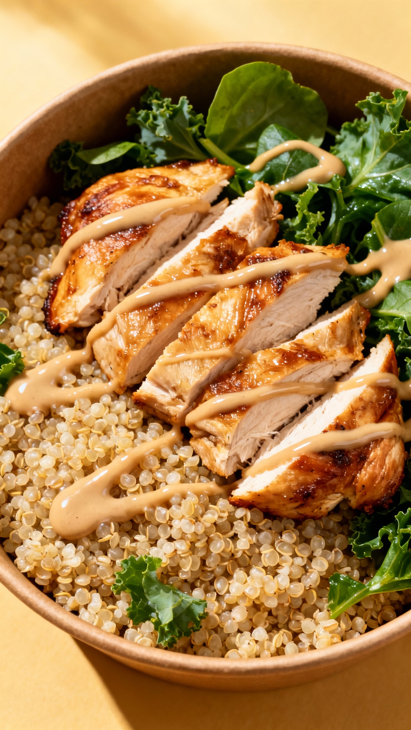 Overhead shot of quinoa bowl with rotisserie chicken, greens, tahini drizzle