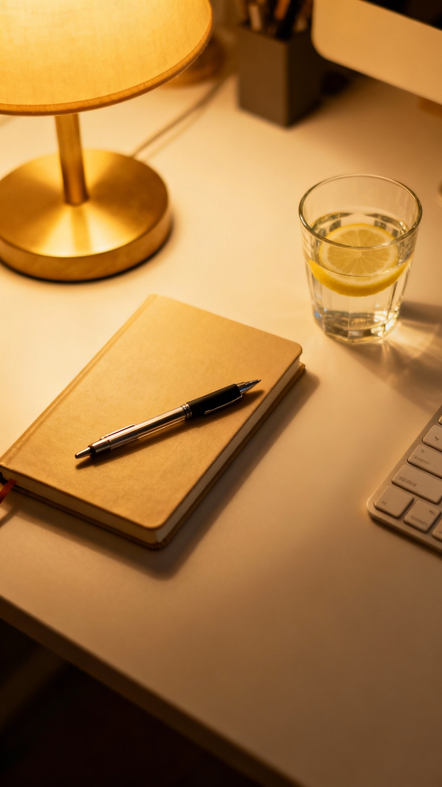 Overhead shot of tidy desk command center, notebook, pen, lemon water, warm lamp