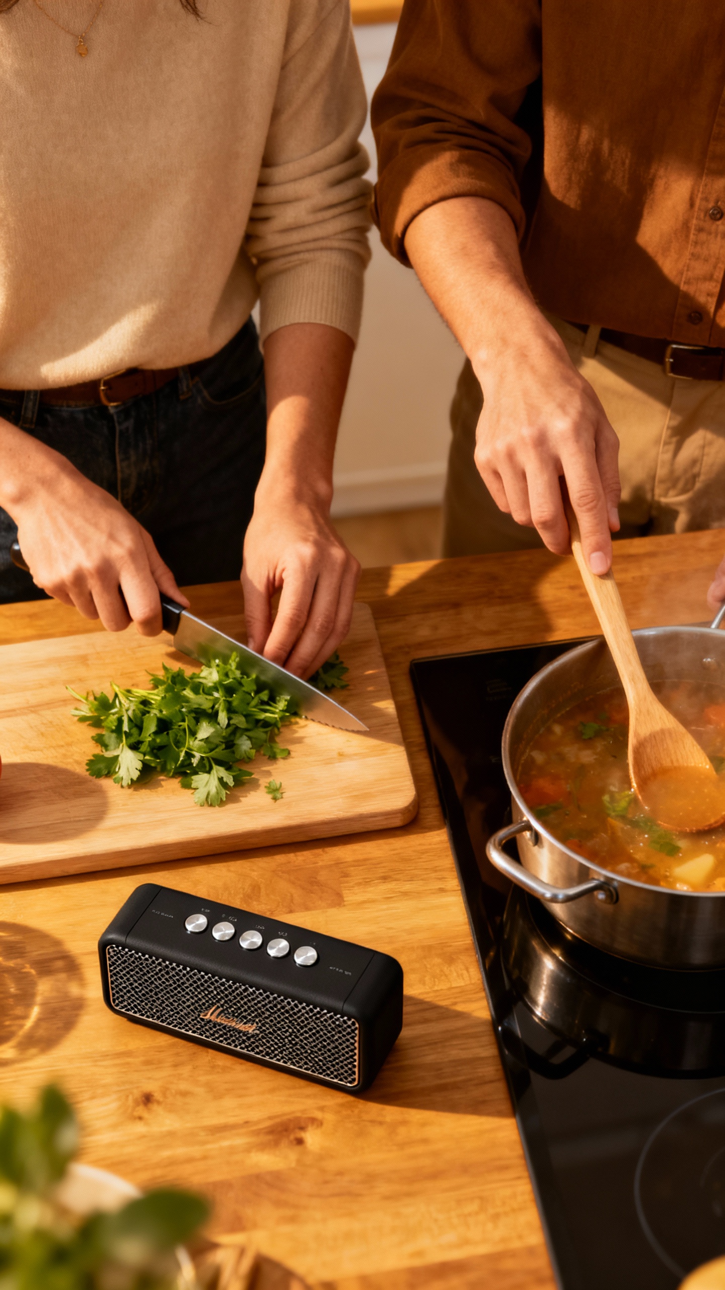 Overhead shot of two people chopping herbs and stirring a pot, shared playlist speaker nearby