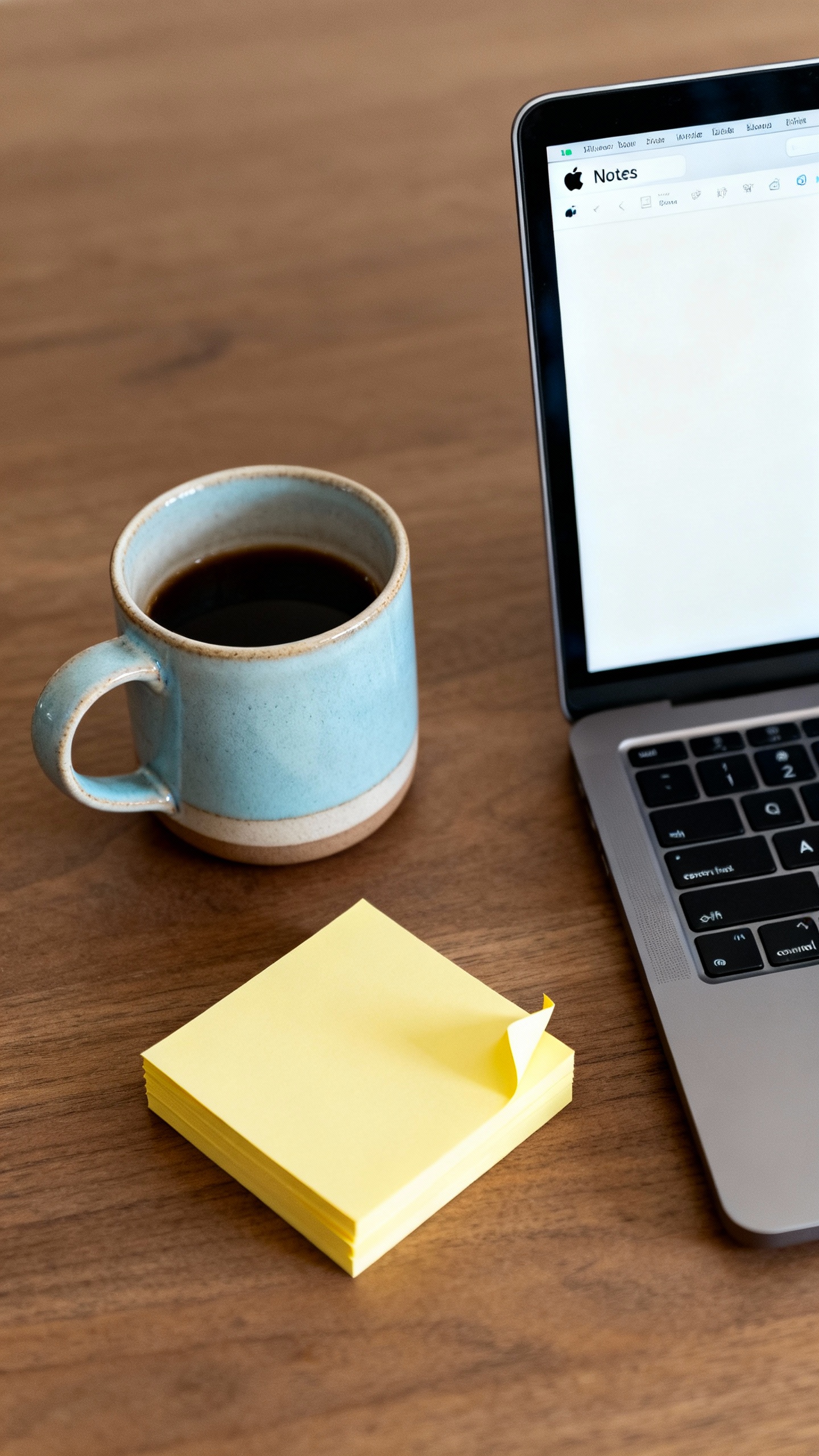 Overhead tidy desk: coffee mug, sticky notes, Apple Notes open