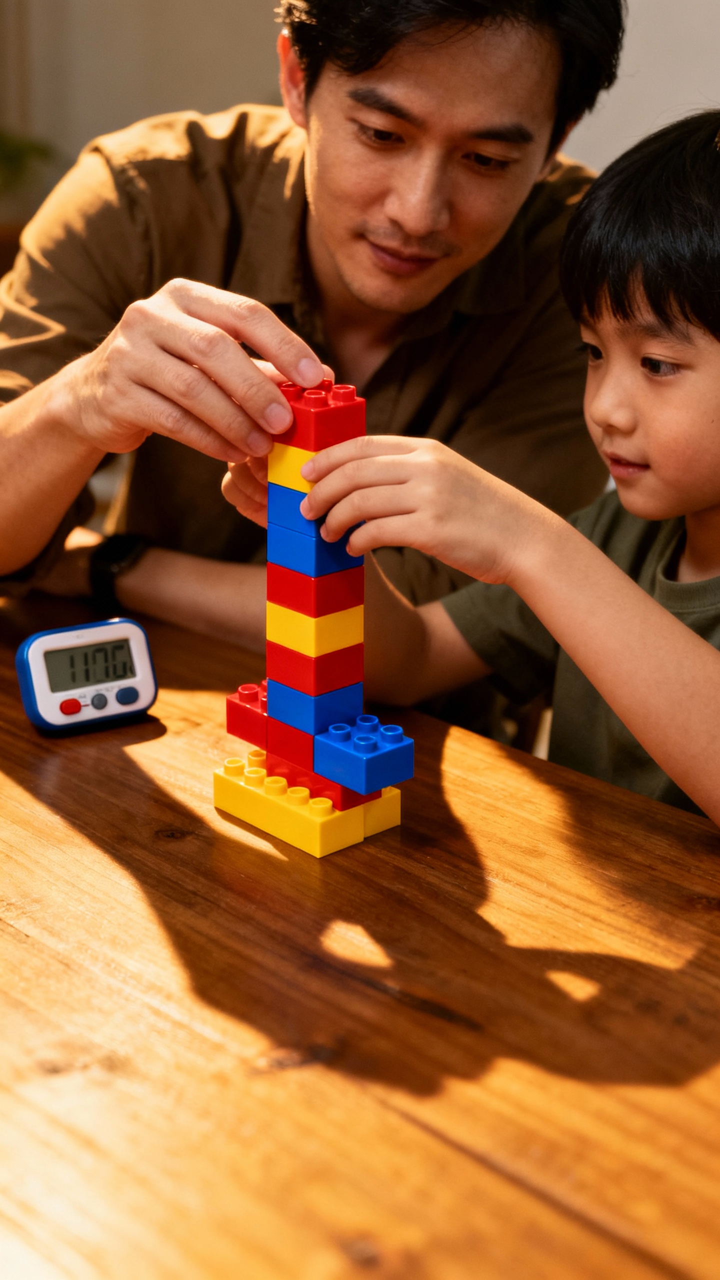 Parent and child building Lego tower, timer on table