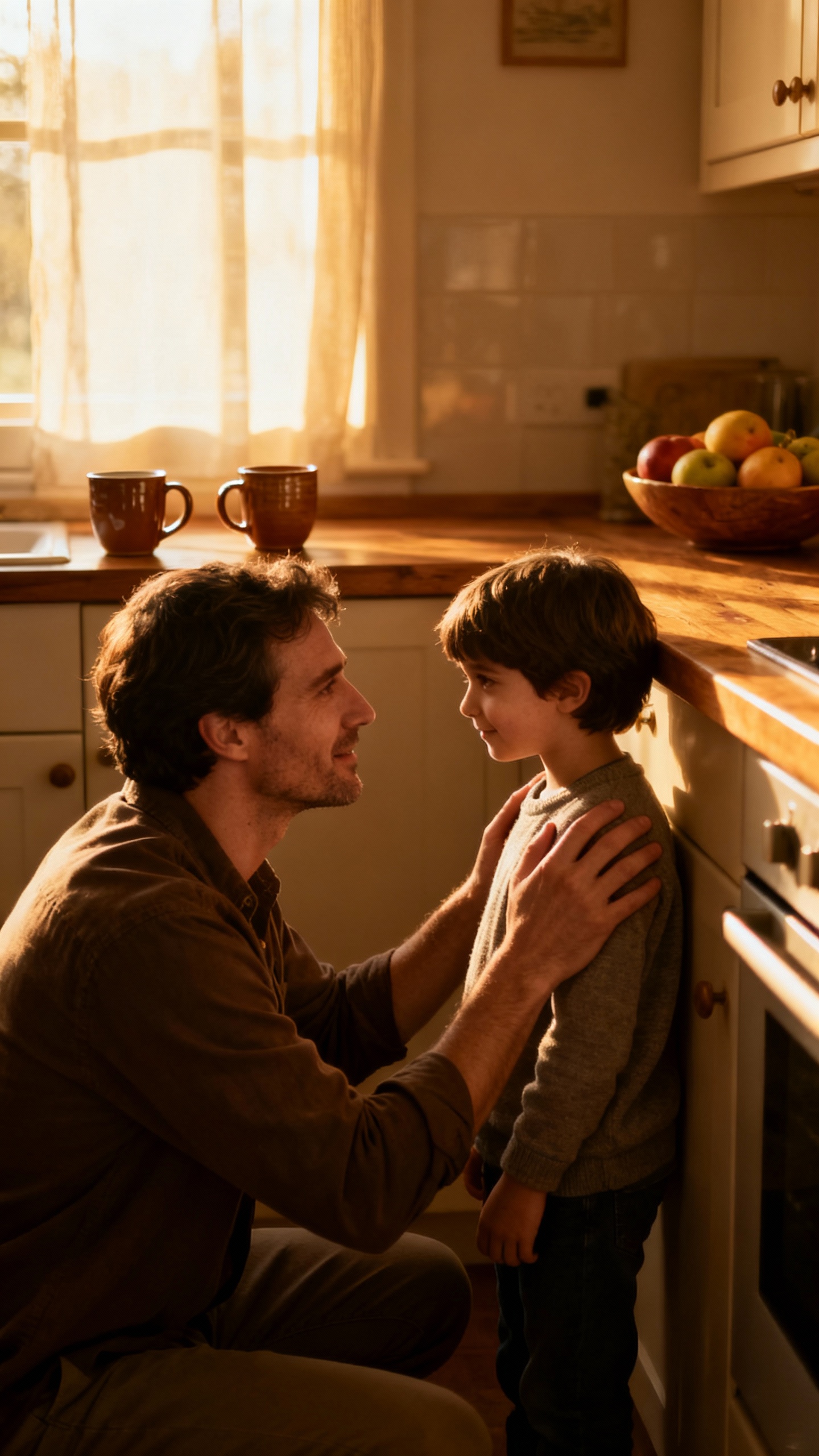 Parent kneeling eye-level with child, gentle hand on shoulder, kitchen