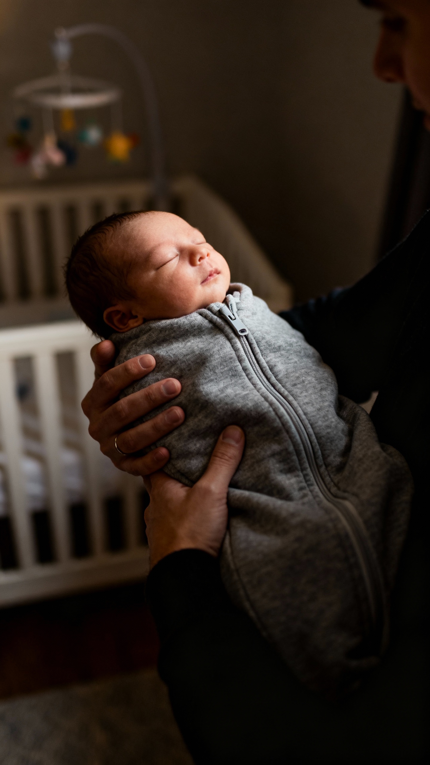 Parent’s hands swaddling newborn in gray sleep sack, dim nursery