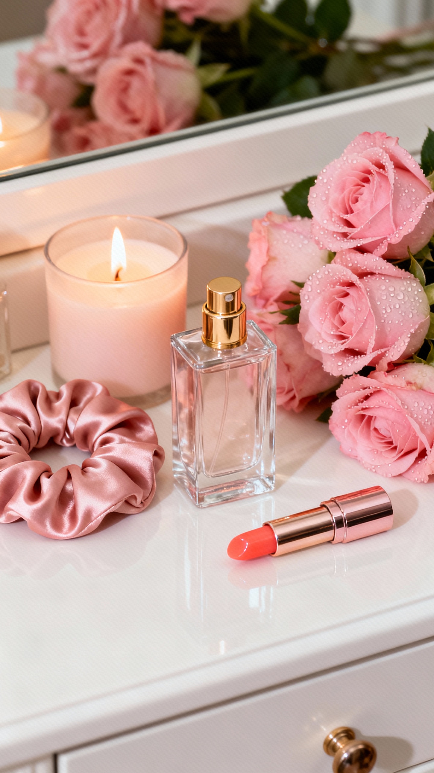Perfume bottle on vanity with silk scrunchie, lit candle, pink roses, glossy lipstick