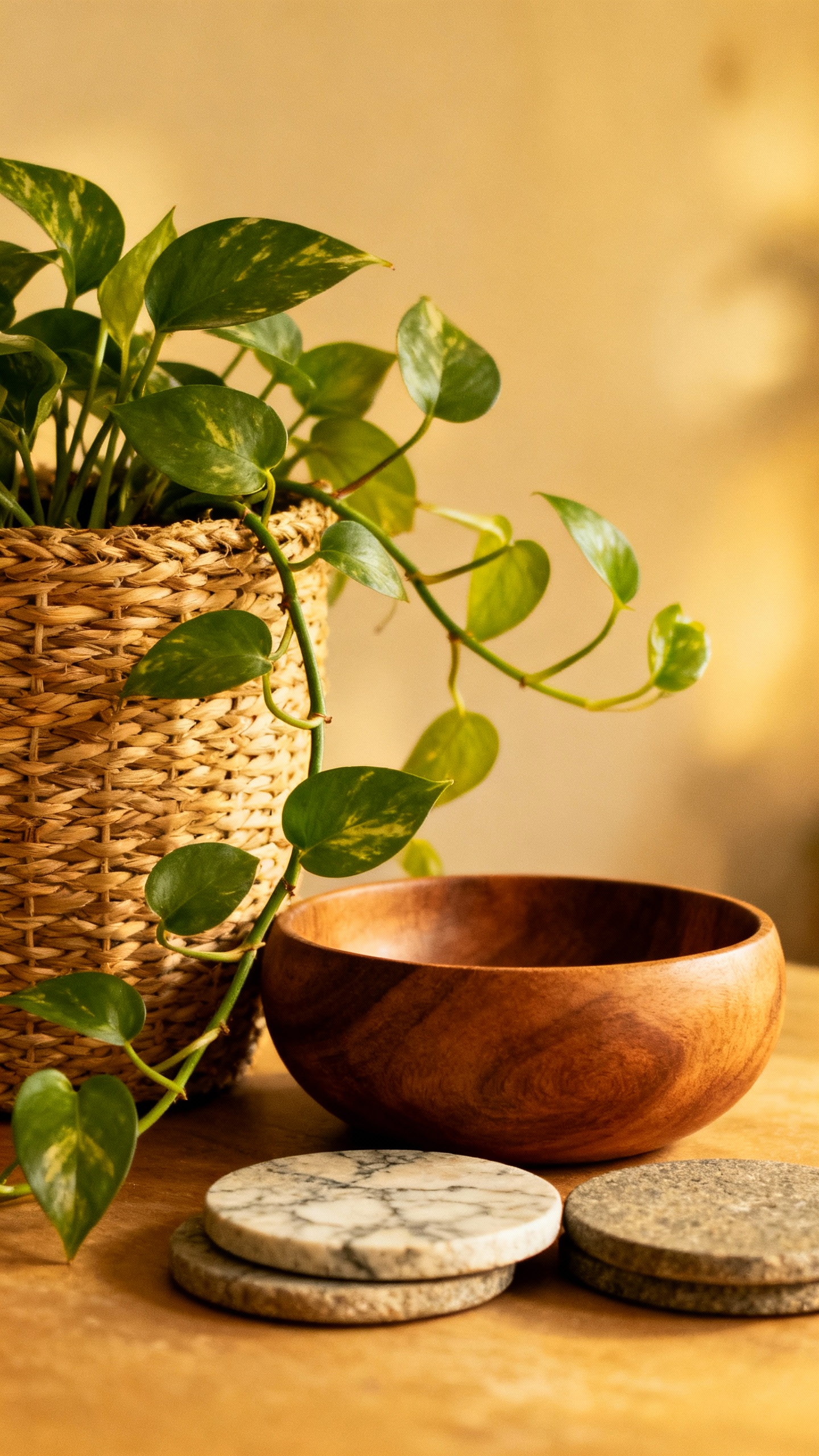 Pothos trailing from woven basket, rounded wood bowl, stone coasters