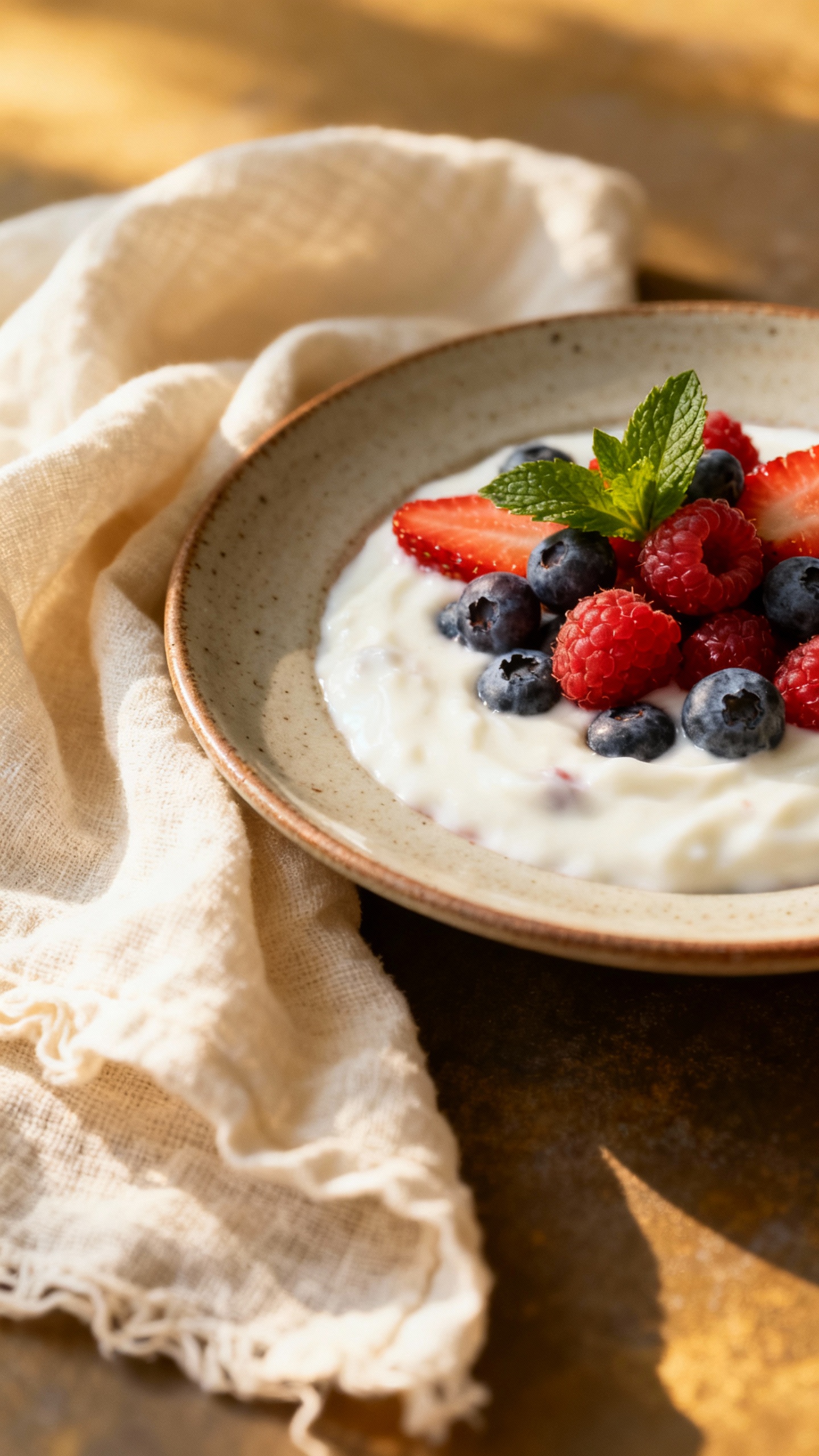 Pretty plate breakfast: yogurt with berries and mint, real plate, linen napkin, natural light