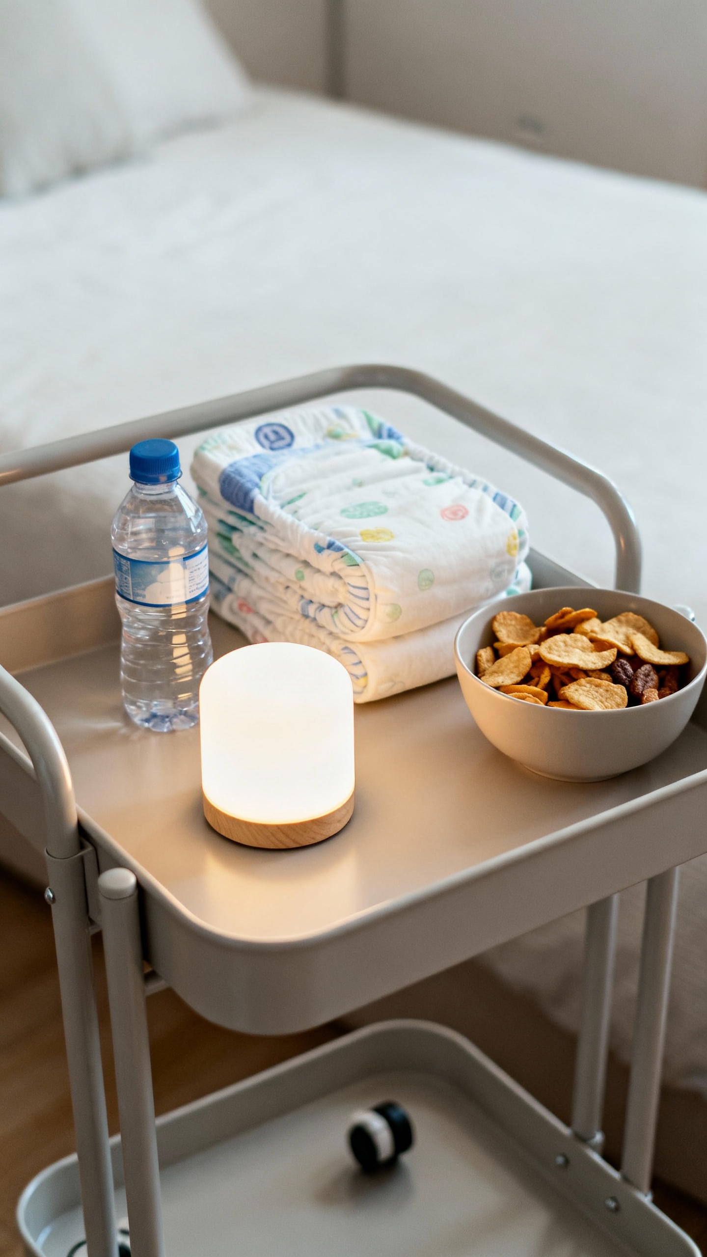 Rolling bedside cart with diapers, water bottle, snacks, night light