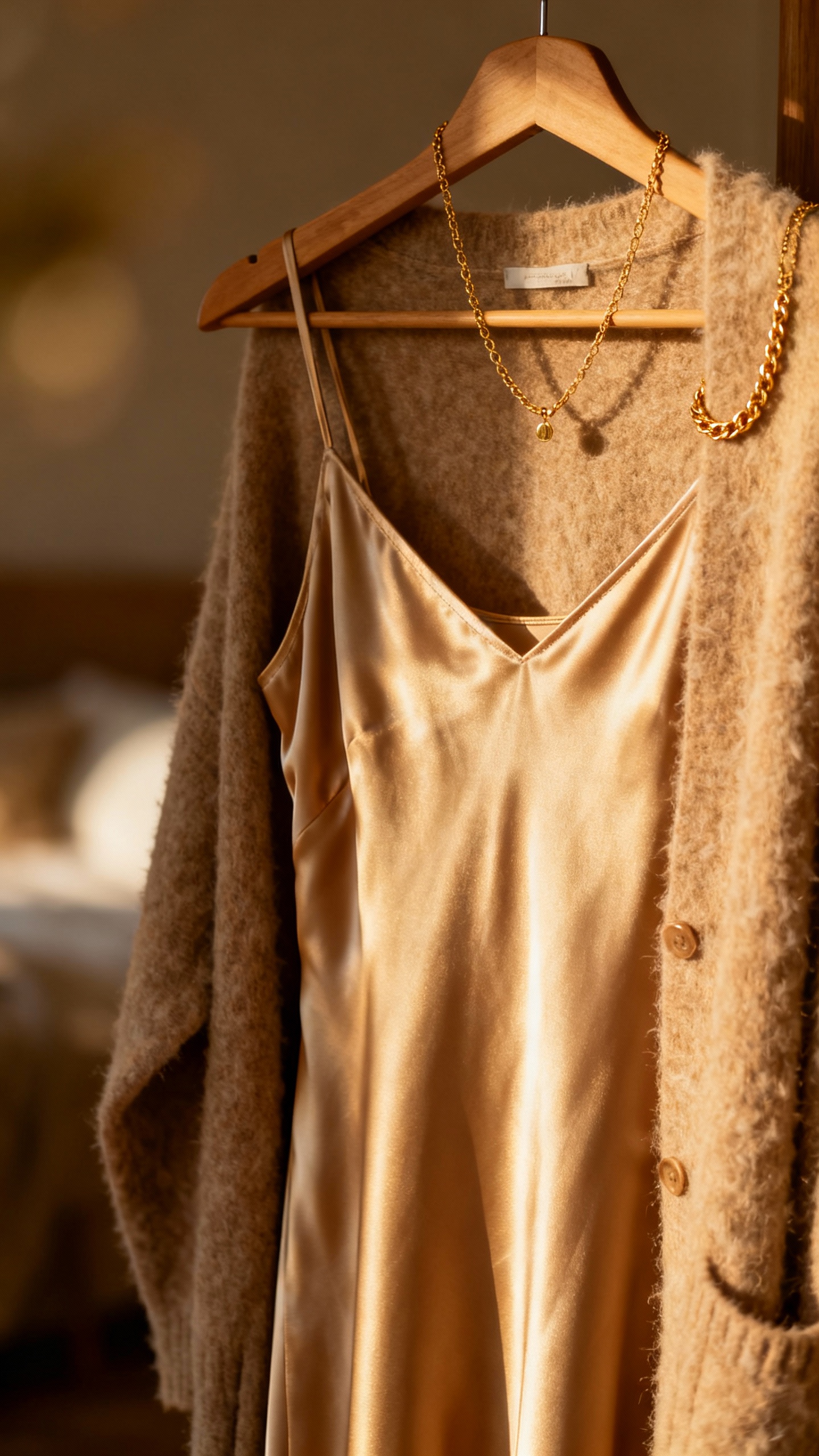 Satin slip dress on hanger, soft cardigan, delicate gold necklace, warm lamp light