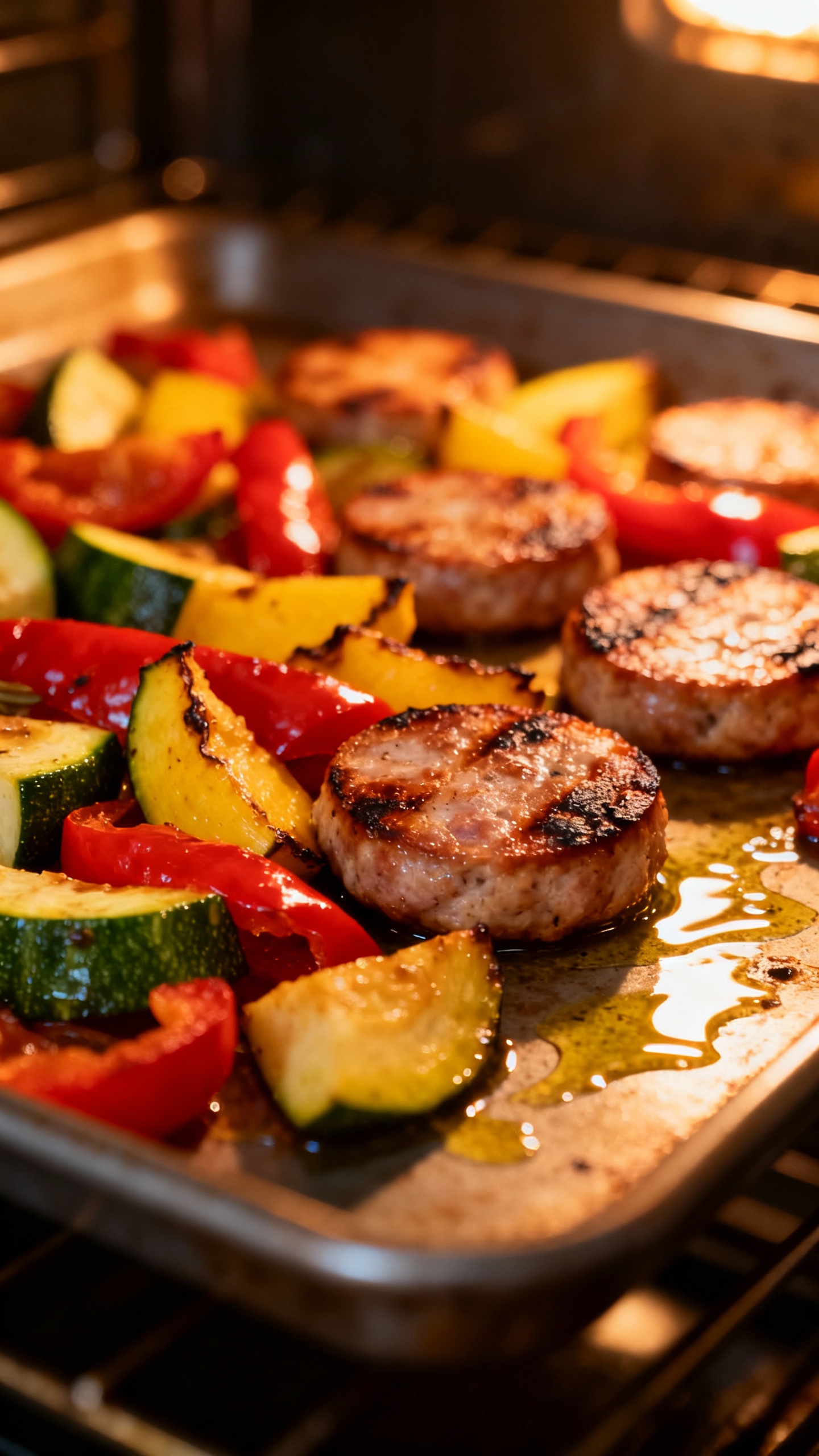 Sheet pan dinner closeup: chicken sausage coins with colorful roasted vegetables, olive oil sheen, o