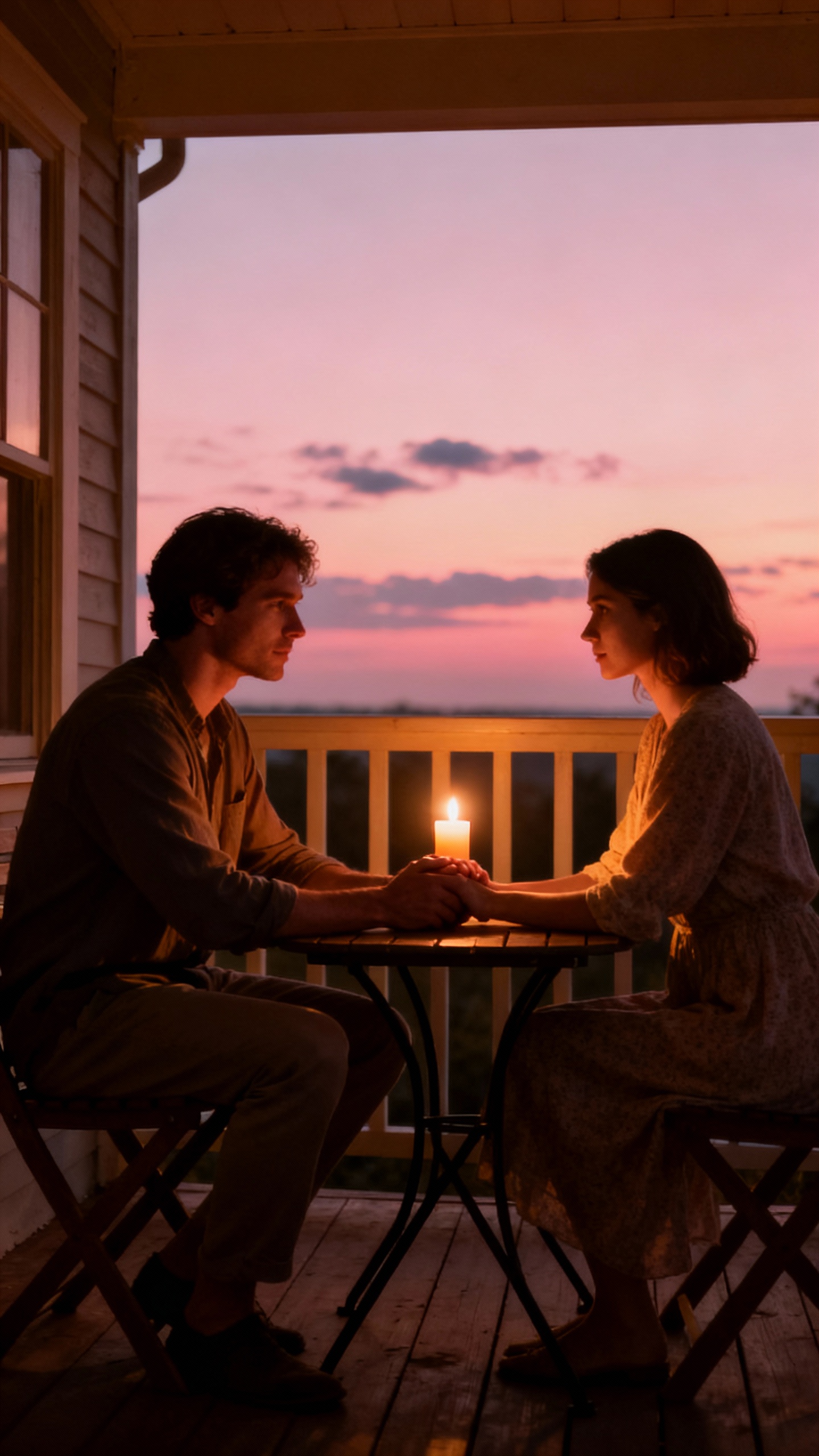 Side-by-side couple on a porch at dusk, silent, holding hands, candle flickering, evening sky