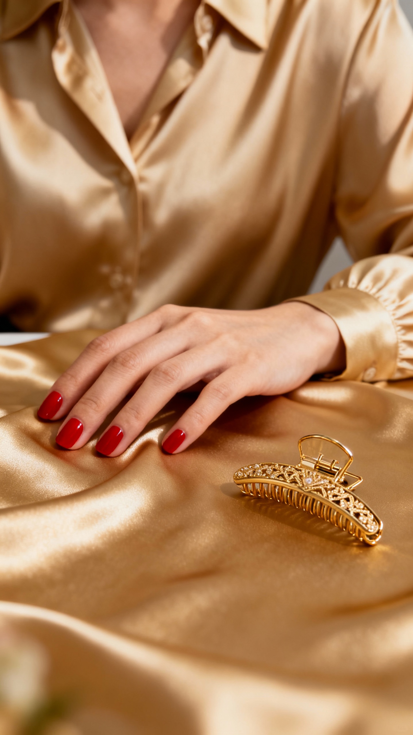 Silk blouse, red nails, gold hair clip closeup