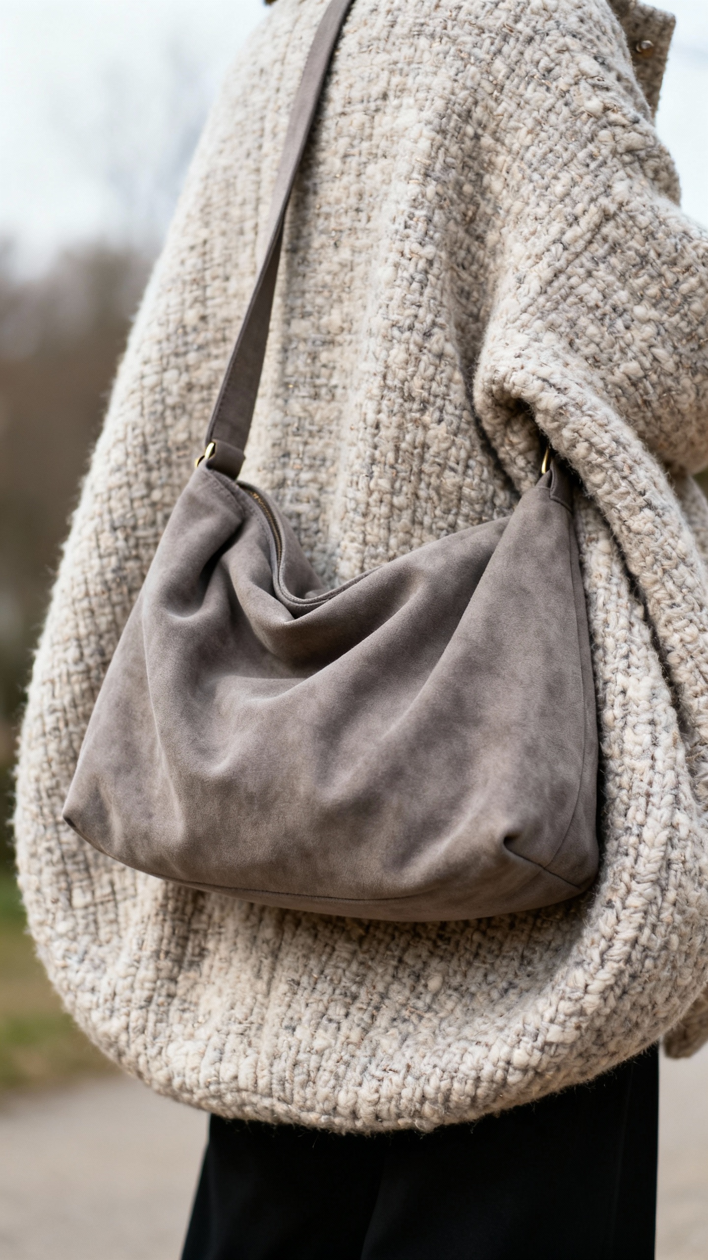 Slouchy mushroom-gray shoulder bag on boucle cocoon coat