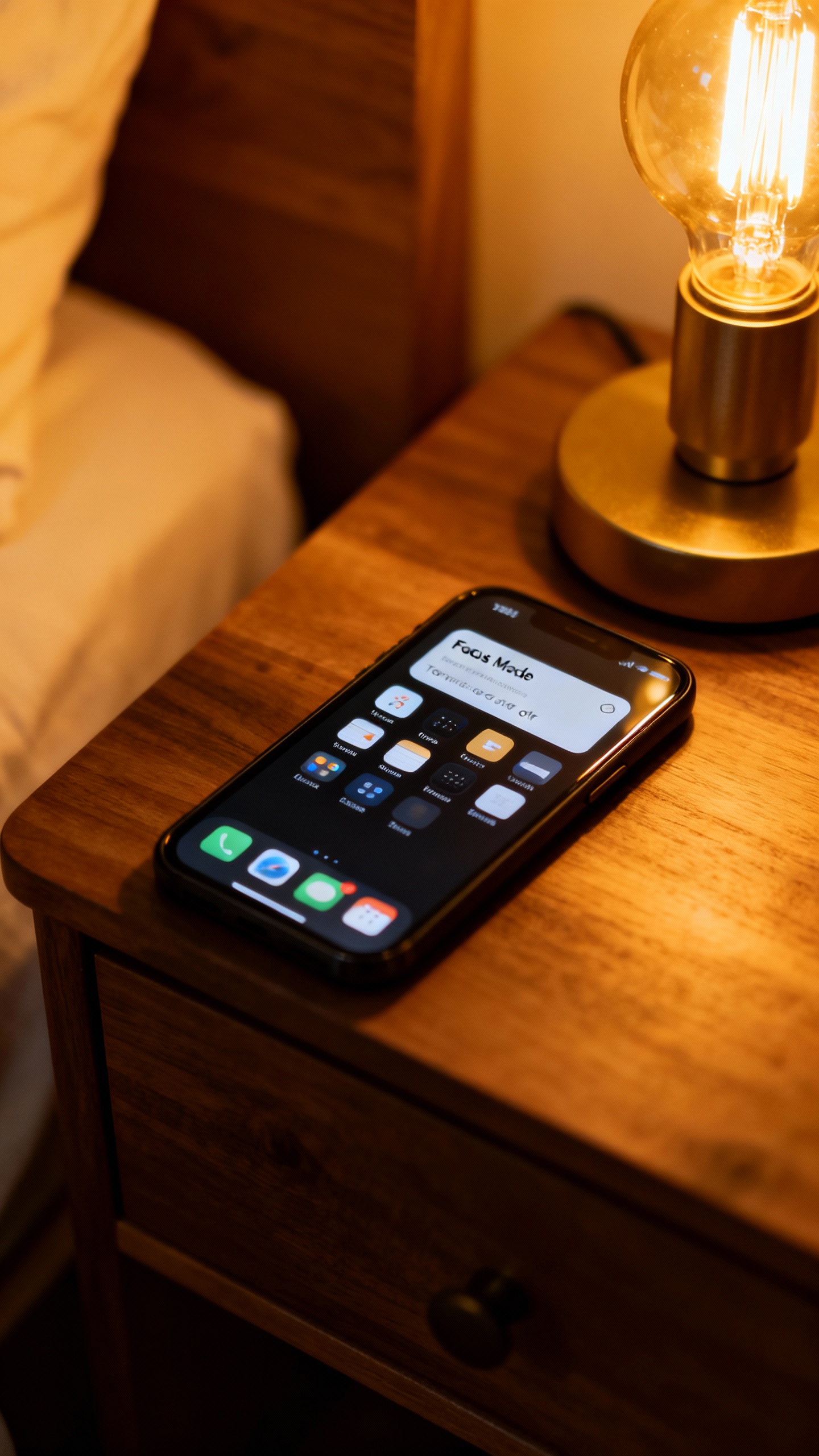 Smartphone home screen on nightstand, focus mode enabled, notifications off, warm lamp glow