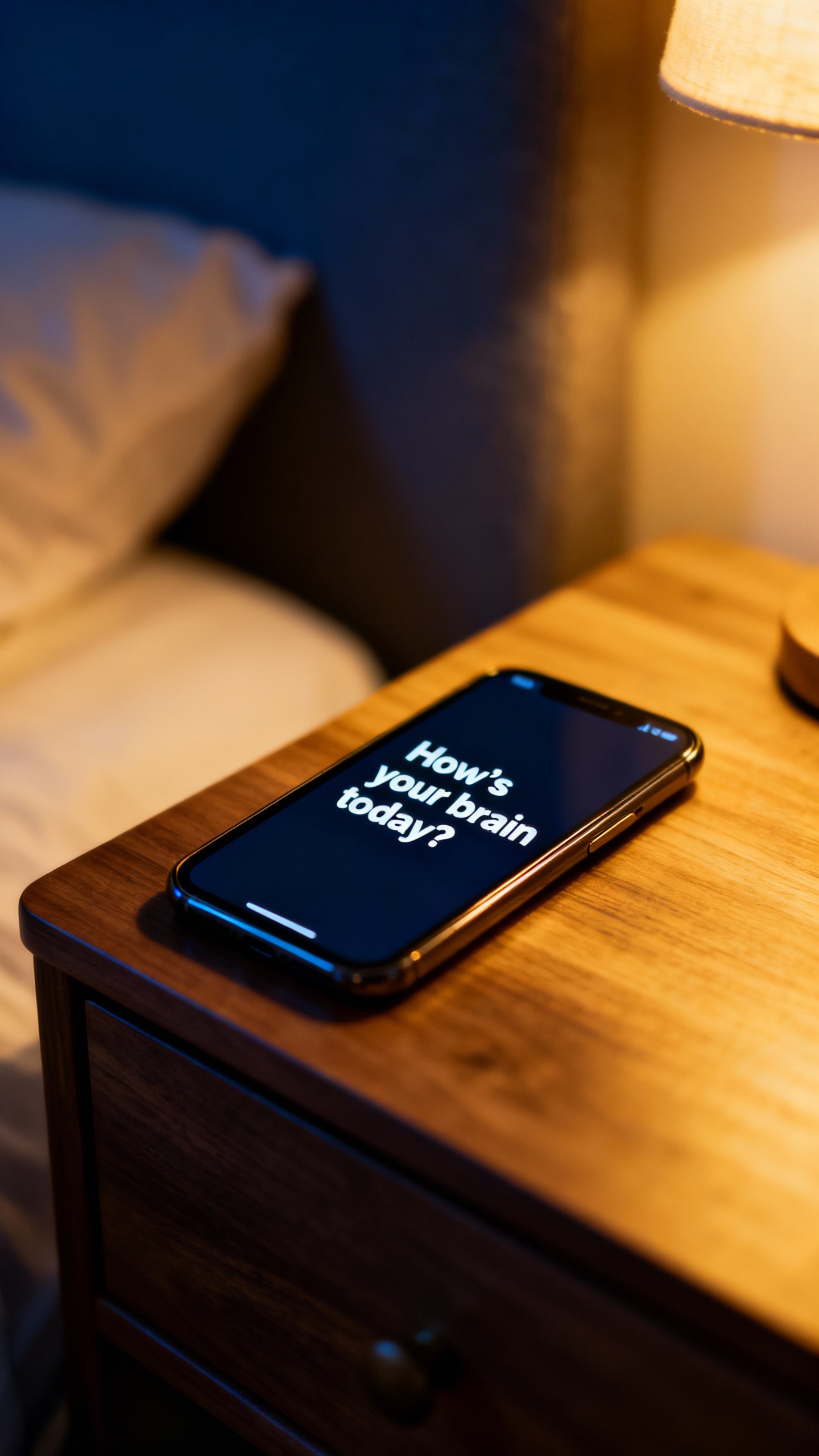 Smartphone screen with typed “How’s your brain today?” text, nightstand closeup