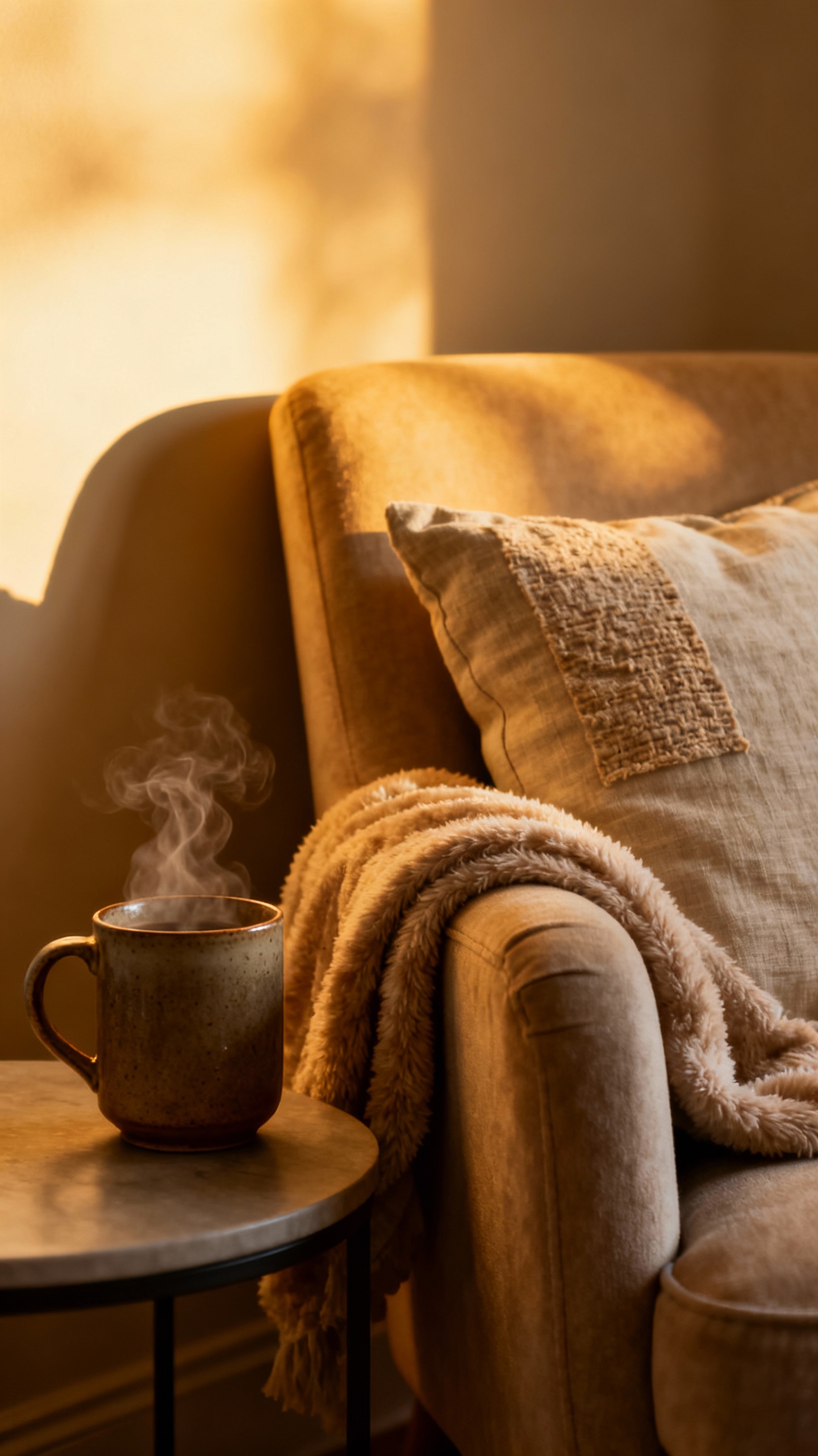 Soft corner chair scene, plush throw, warm lamp glow, heavy ceramic mug steaming, linen pillow textu