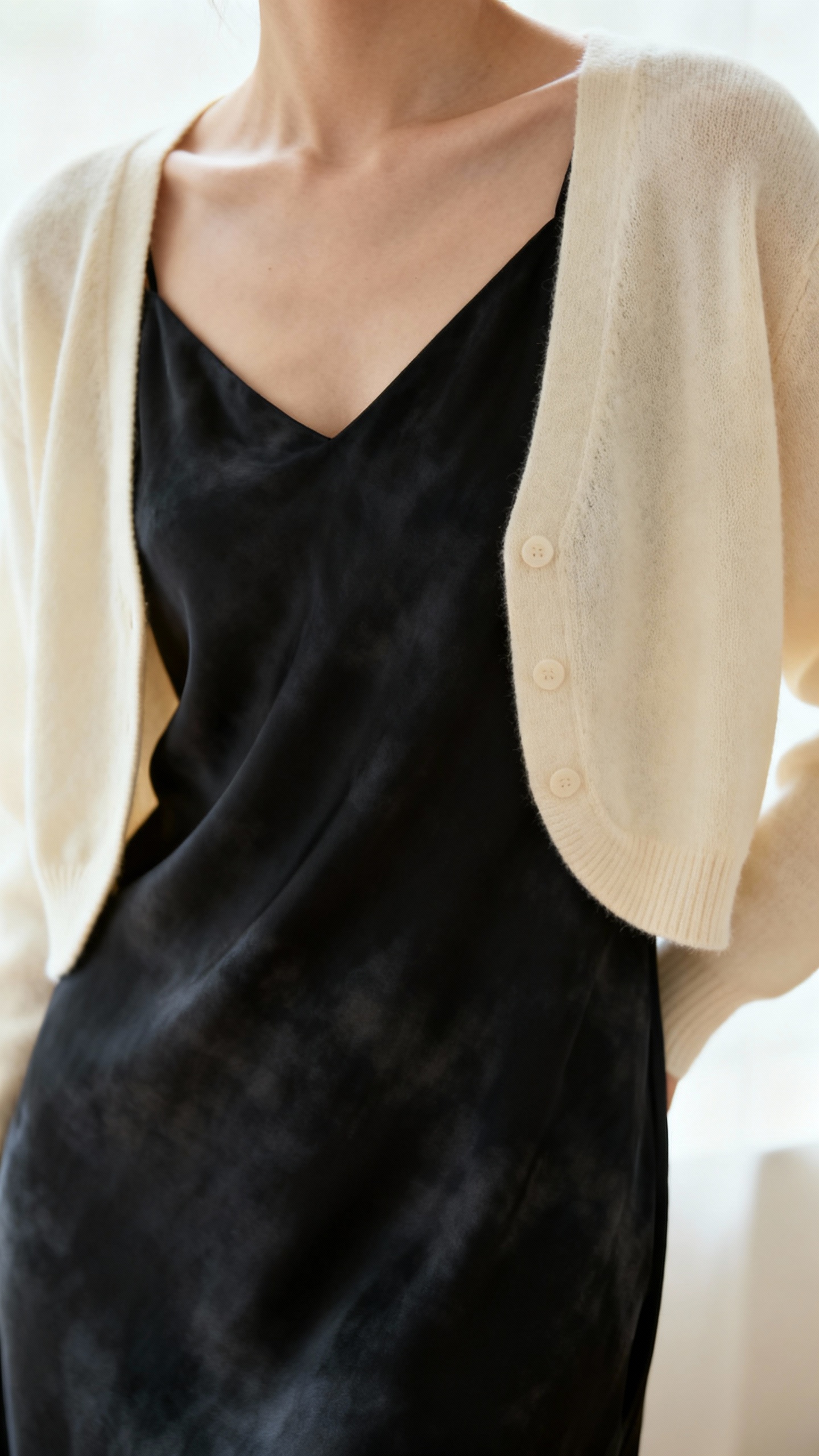 Soft-focus slip dress in ink under cream cropped cardigan