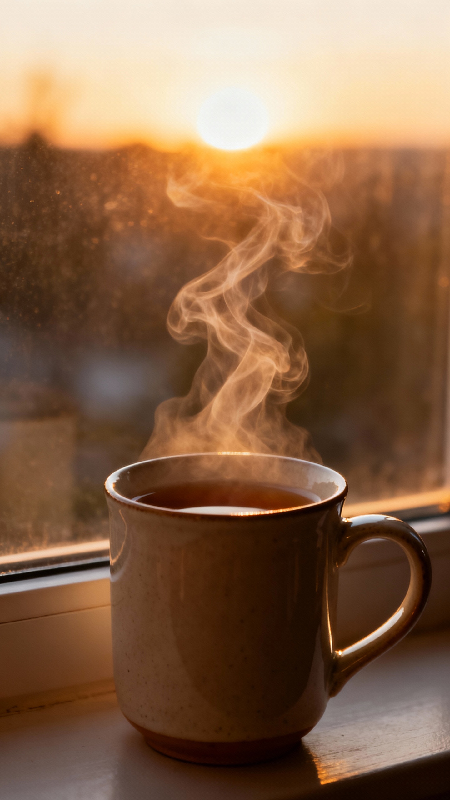 Steam rising over ceramic mug of tea at sunrise window, gentle golden light