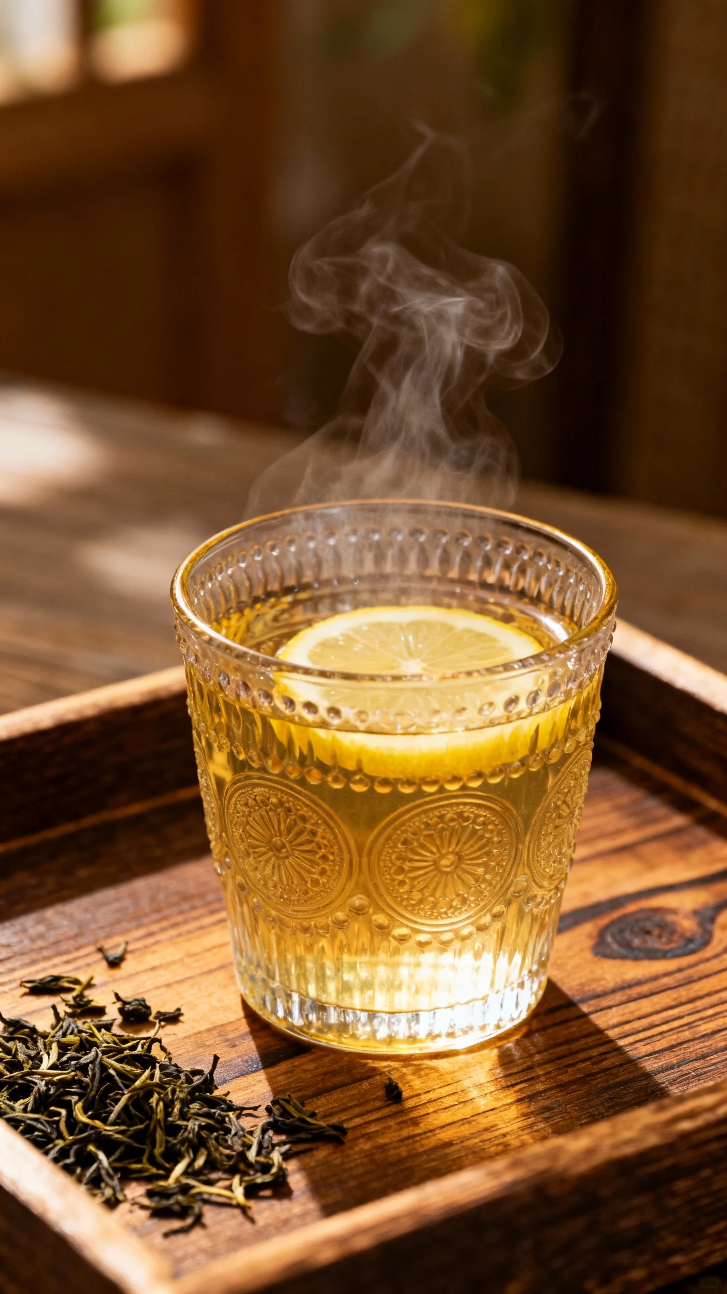 Steaming cup of warm lemon water in pretty glass, tea leaves, wooden tray