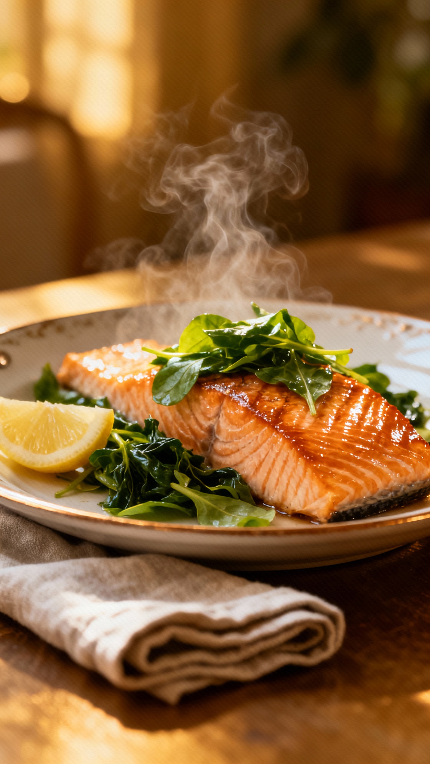 Steaming one-pan salmon with lemony greens, cloth napkin, bistro plate