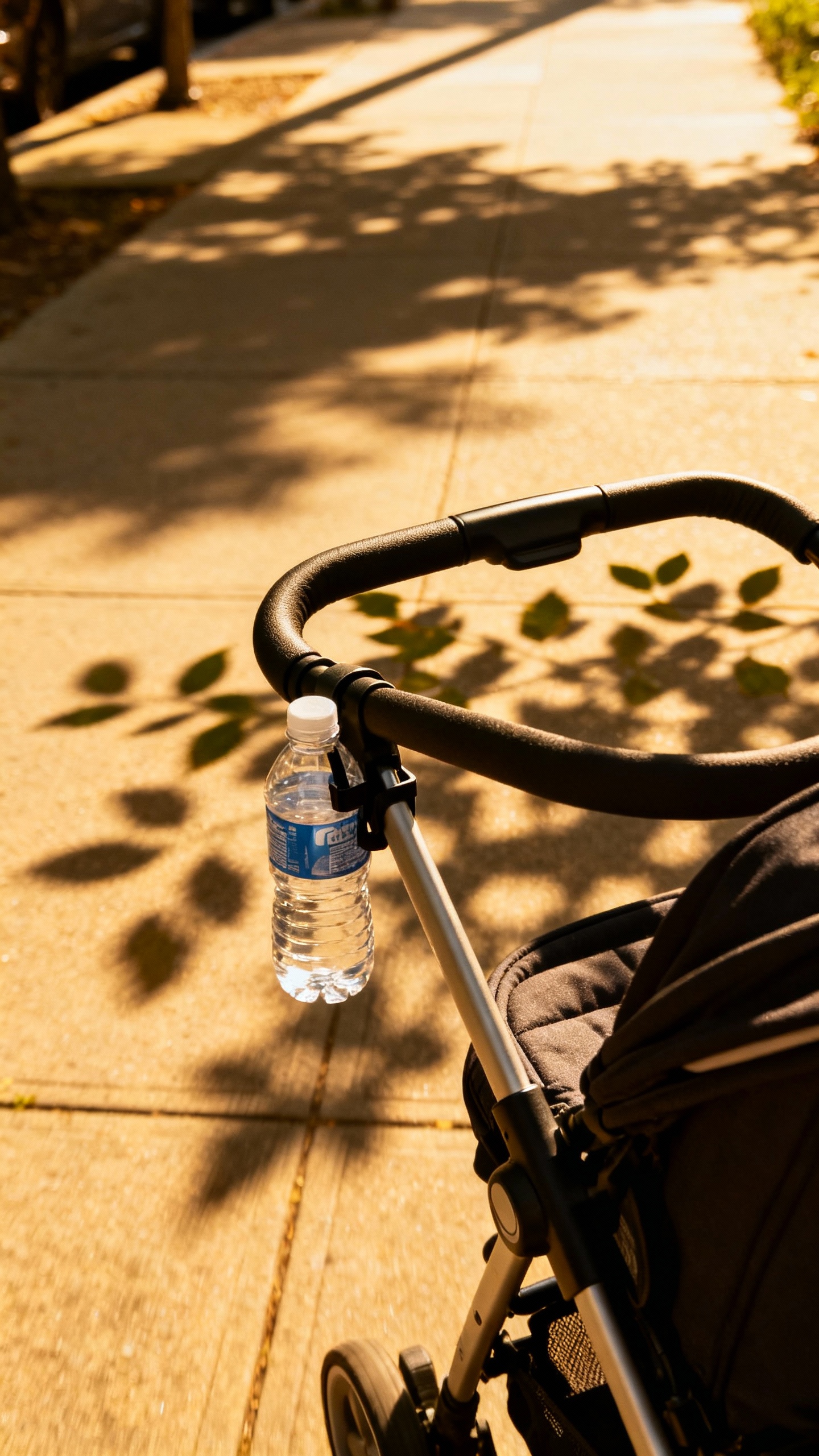 Stroller handle closeup during 10-minute walk, sunlit sidewalk, water bottle clipped, leafy shadows