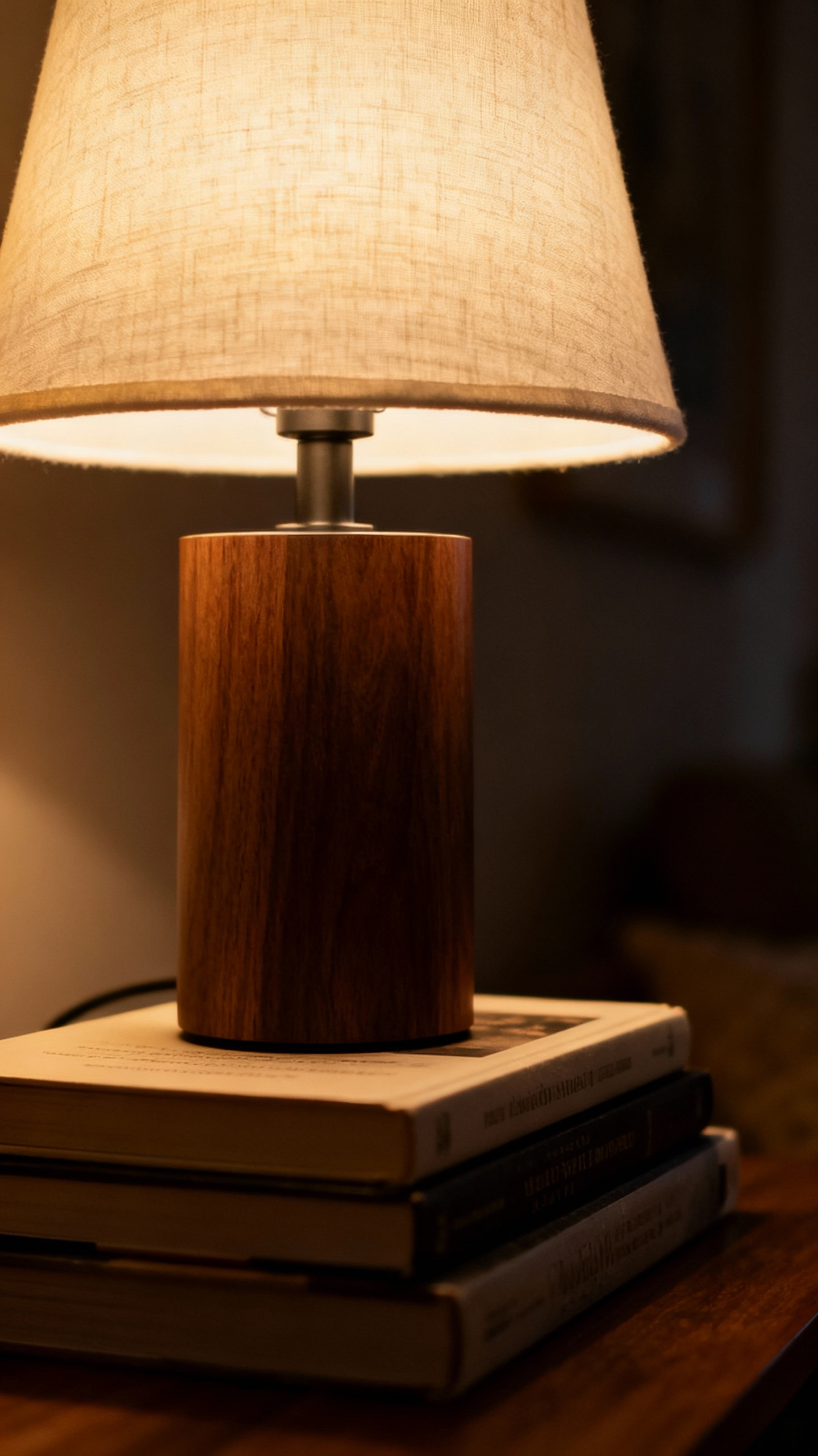 Table lamp with fabric shade on books, 2700K glow, dim room
