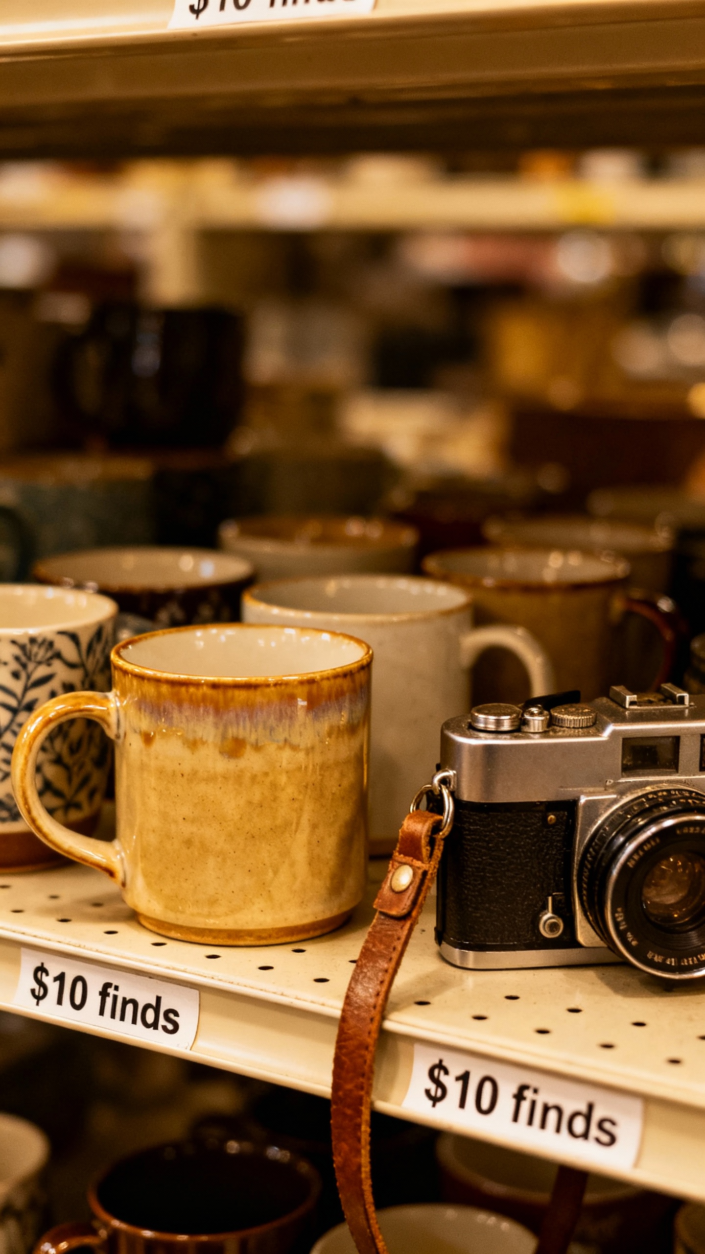 Thrift store shelf closeup, mismatched mugs, vintage camera, $10 finds