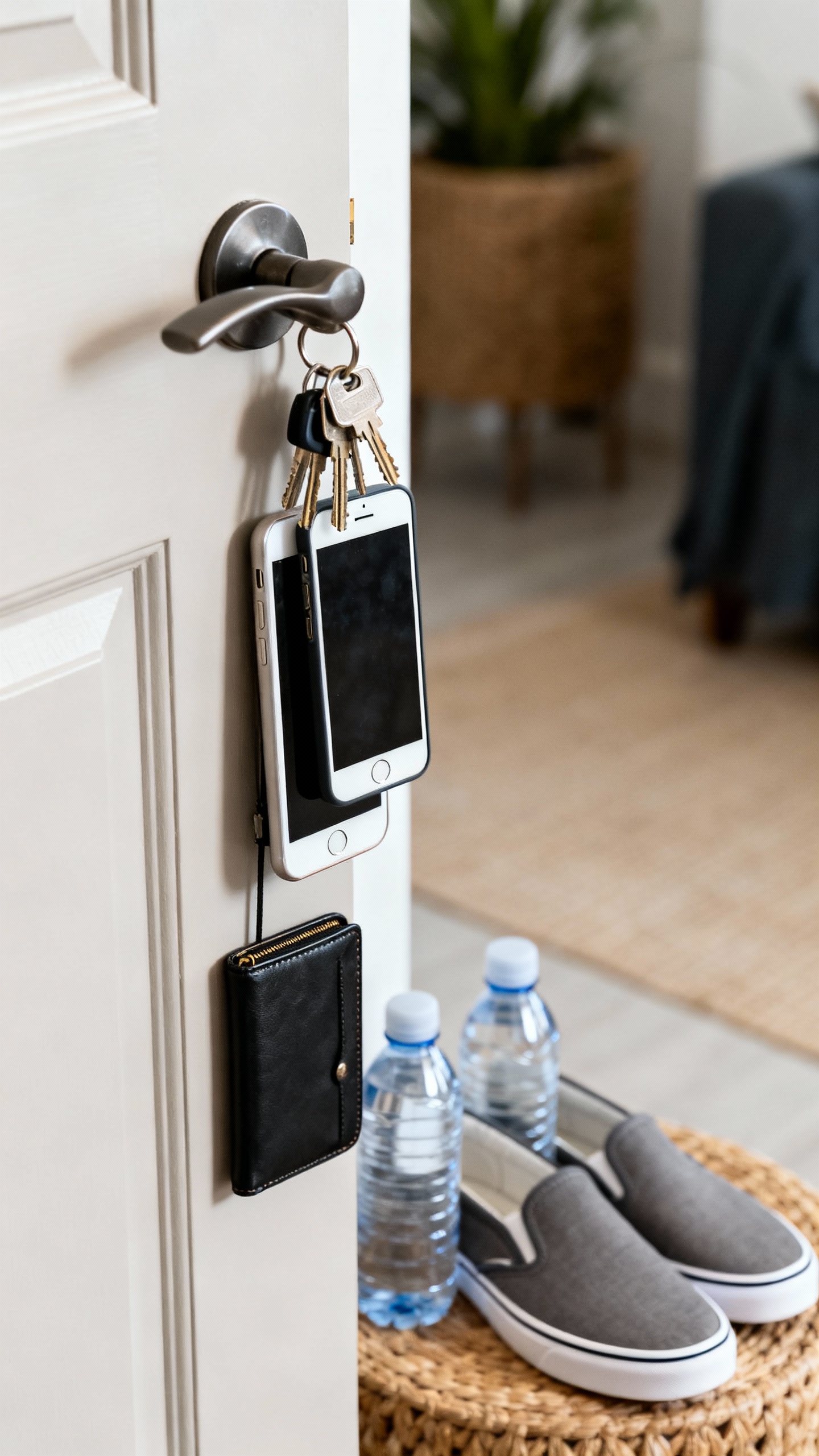 Tidy entryway closeup: keys, phone, wallet, water bottles by door with slip-on sneakers