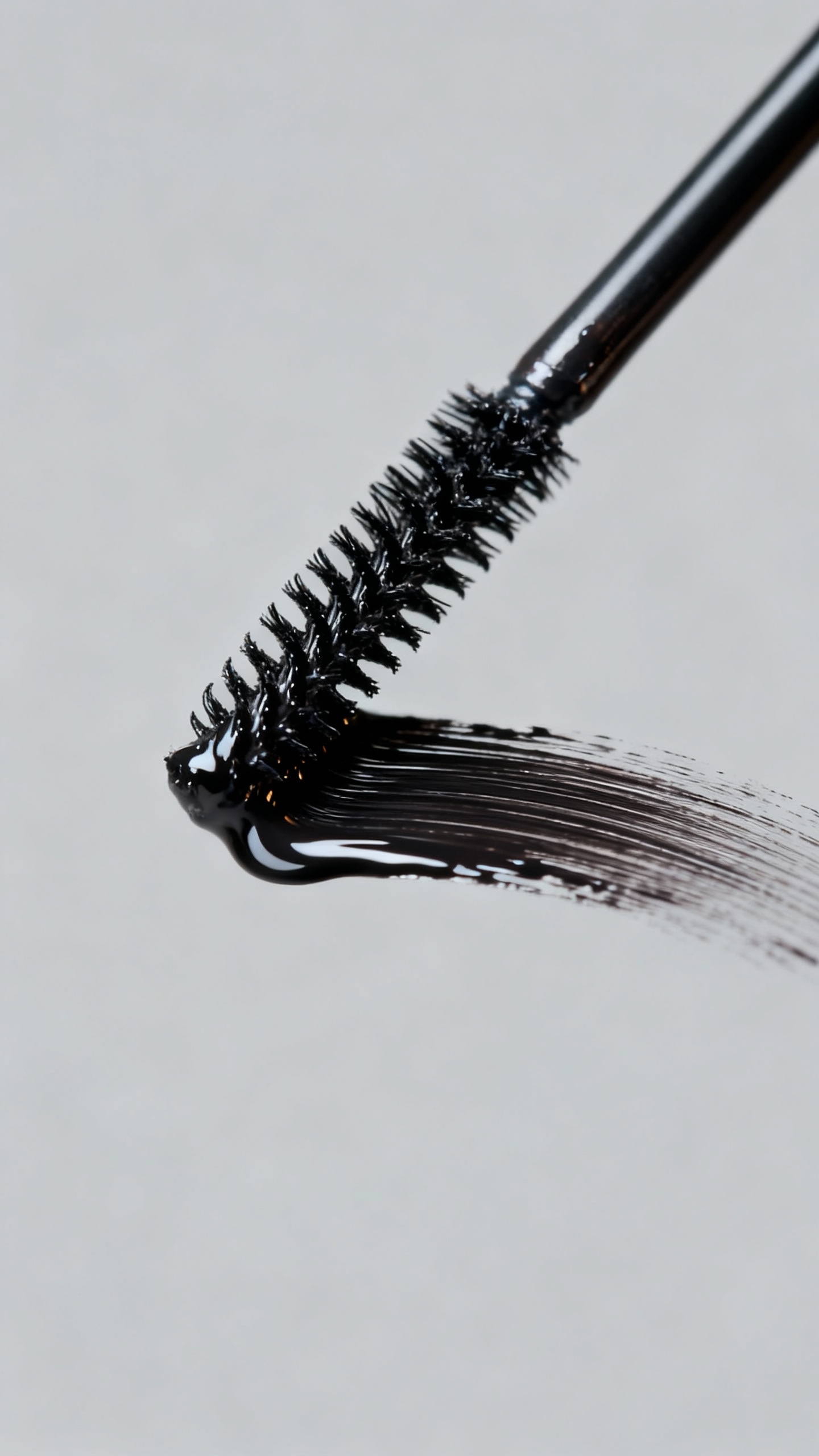 Tight closeup of tubing mascara applicator wiggling at lash roots, single coat, smudge-proof finish