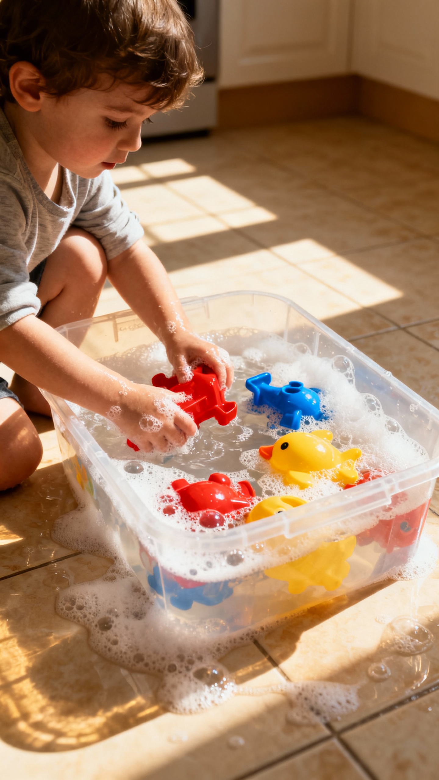 Toddler washing plastic toys in bubbly bin, kitchen floor afternoon light