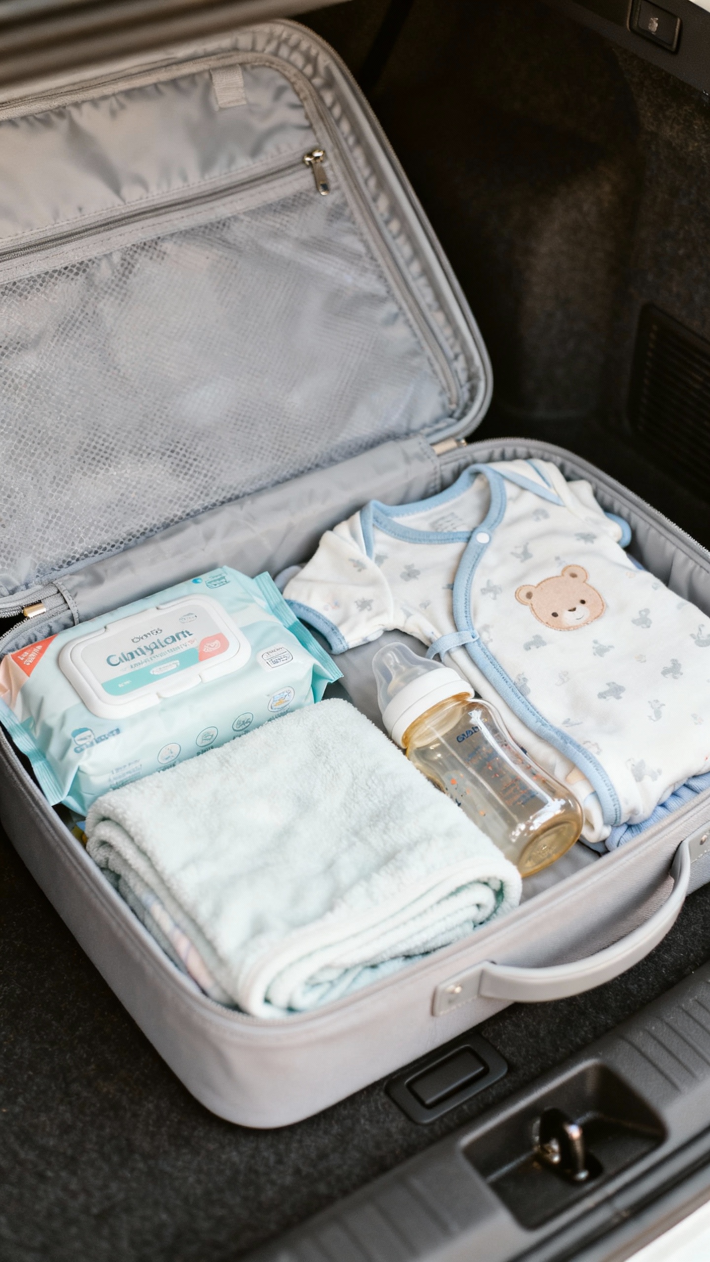 Trunk car kit open: diapers, wipes, sleeper, bottle, light blanket