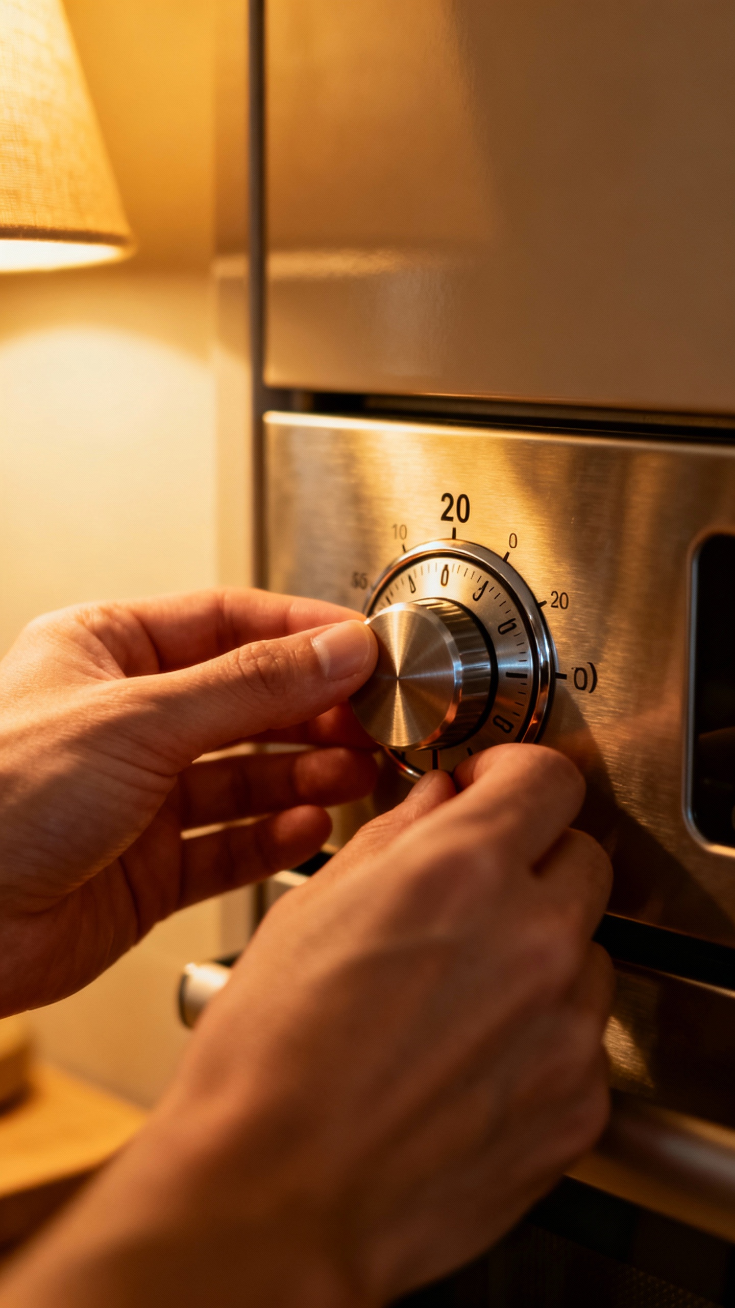 Two hands setting kitchen timer to 20 minutes, stainless dial, soft lamp glow