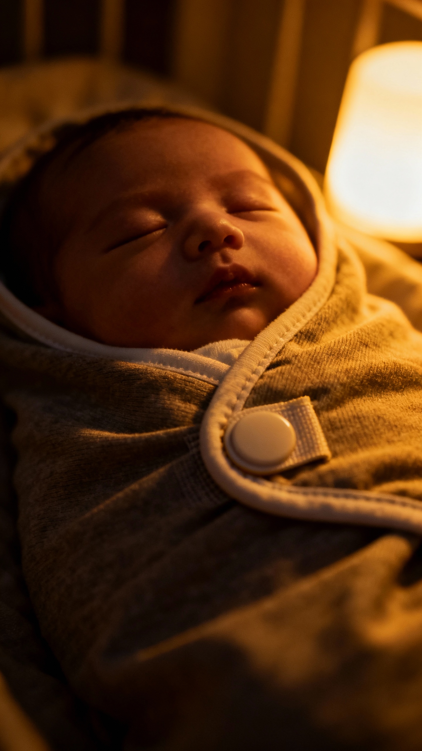 Velcro swaddle closeup on sleeping newborn, dim amber night-light