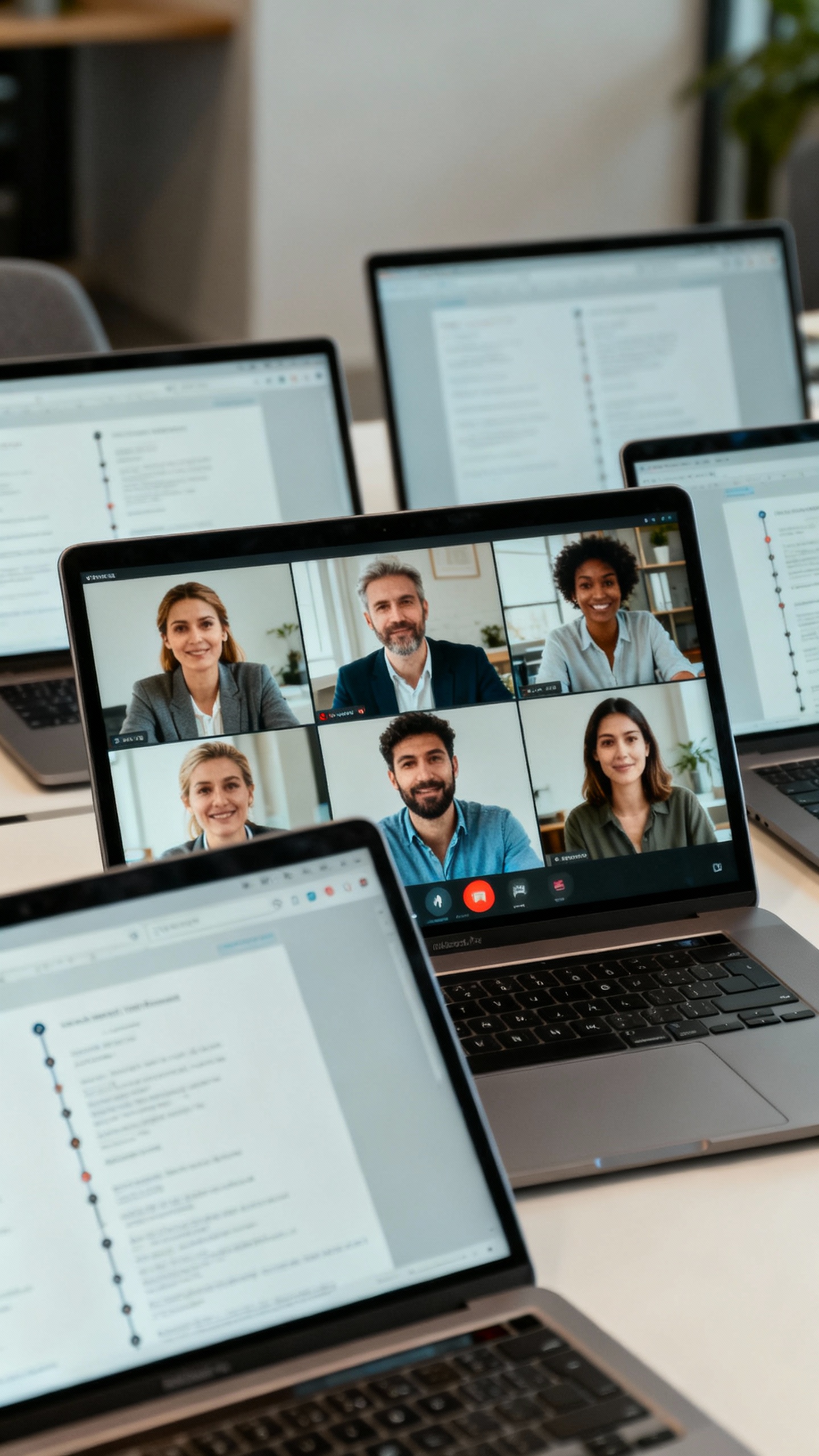 Video call scene: mixed-gender team, camera on, shared doc timeline visible on laptop