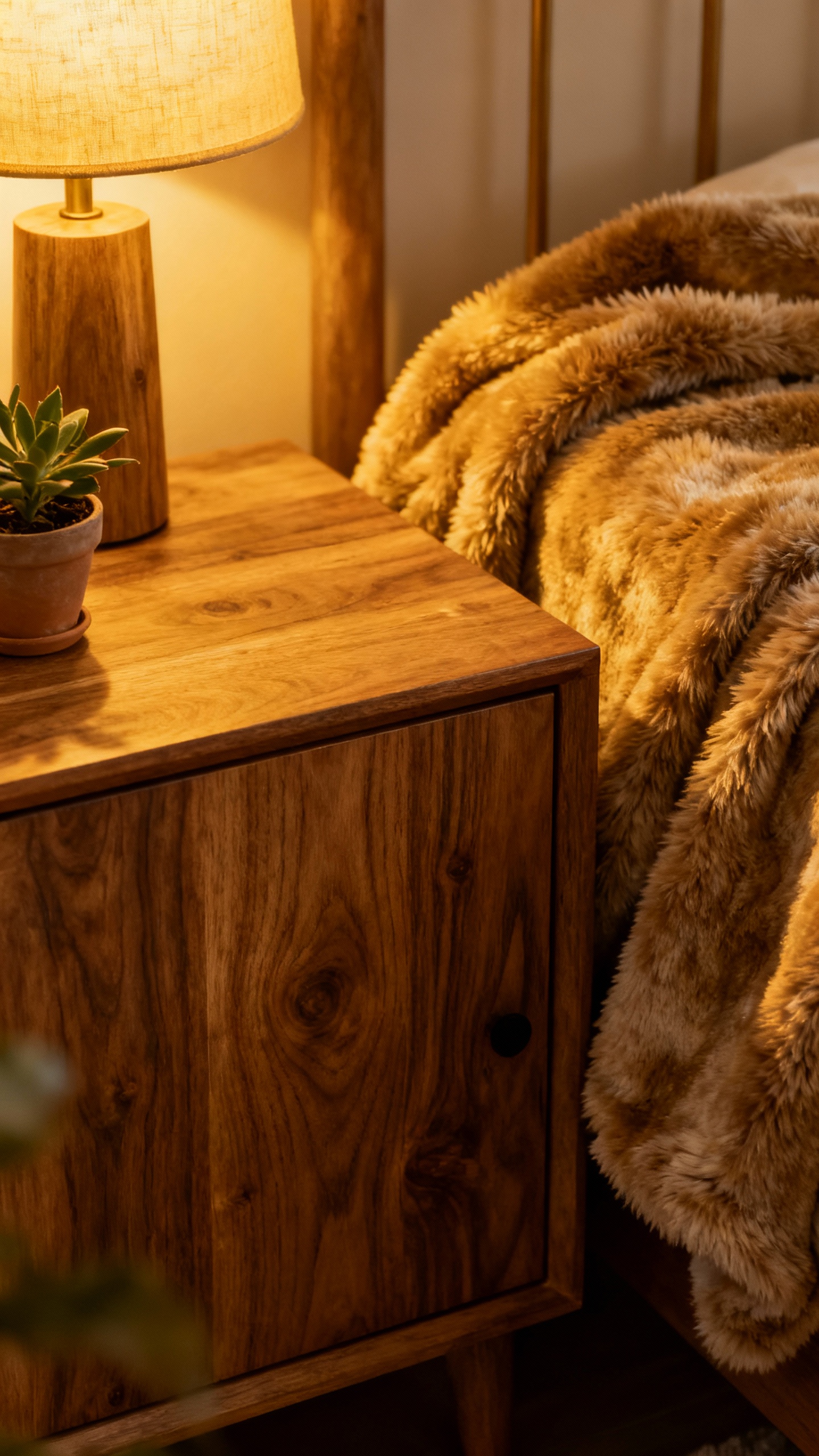 Warm lamp on wooden nightstand, plush throw, plant