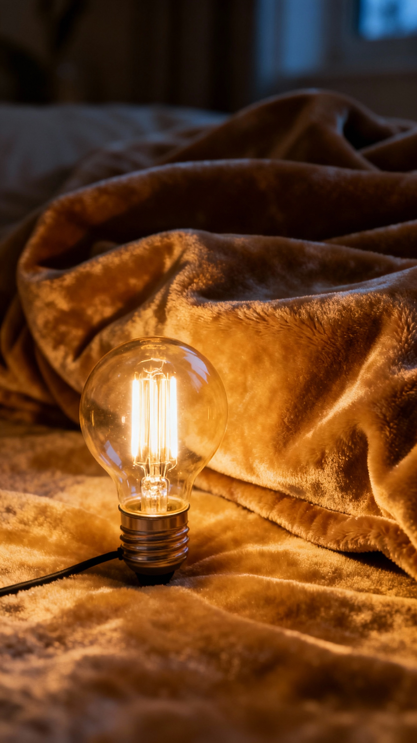 Warm lamp with 2700K bulb beside velvet throw, dim evening